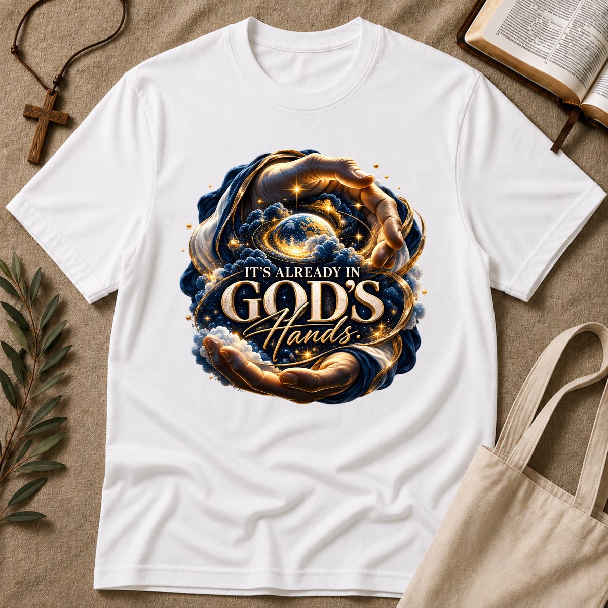 It’s Already in God’s Hands Celestial Christian T-Shirt | Mental Health Scripture Tee Breaking Bread Designs