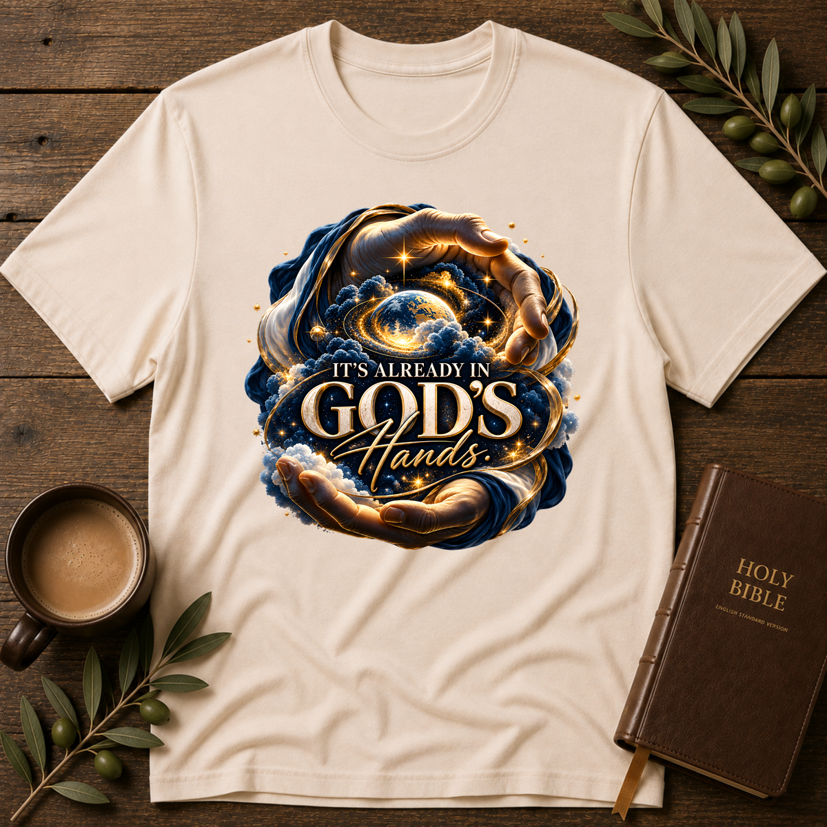 It’s Already in God’s Hands Celestial Christian T-Shirt | Mental Health Scripture Tee Breaking Bread Designs