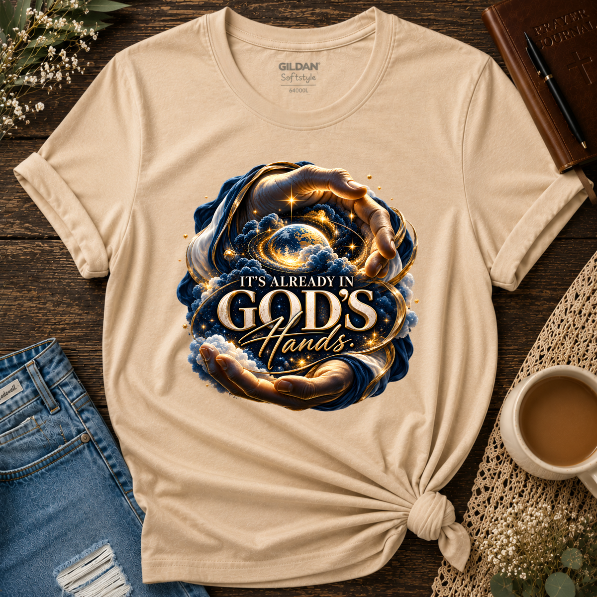It’s Already in God’s Hands Celestial Christian T-Shirt | Mental Health Scripture Tee Breaking Bread Designs