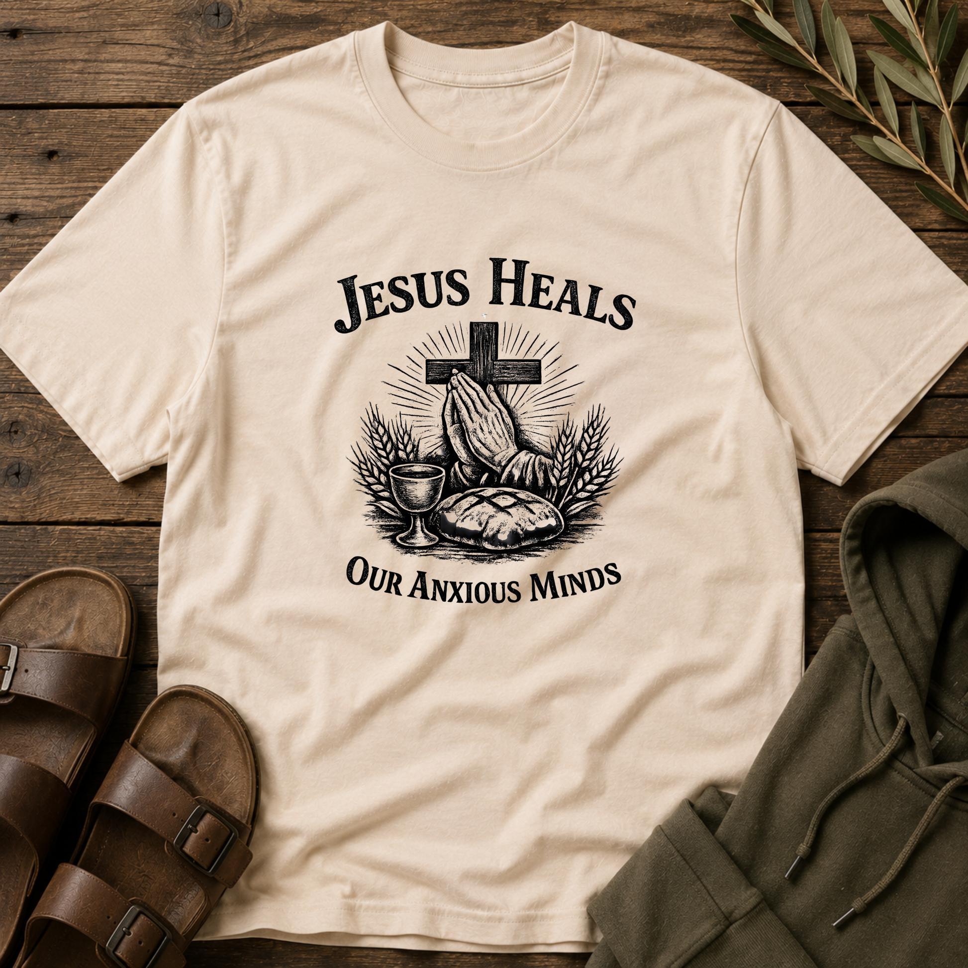 A cream-colored short-sleeve t-shirt with a black graphic print reading 'JESUS HEALS OUR ANXIOUS MINDS' around a cross, praying hands, bread, and wine cup. The shirt is laid flat on a rustic wooden background with brown sandals and an olive green hoodie nearby.