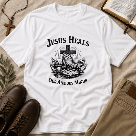 A white short-sleeve graphic T-shirt laid flat on a beige fabric surface, surrounded by styled props including brown shoes, khaki pants, a cross necklace, an open book, and a leaf sprig. The shirt has a black printed graphic with the words 'JESUS HEALS OUR ANXIOUS MINDS' and an illustration of hands in prayer, bread, wine, and wheat.