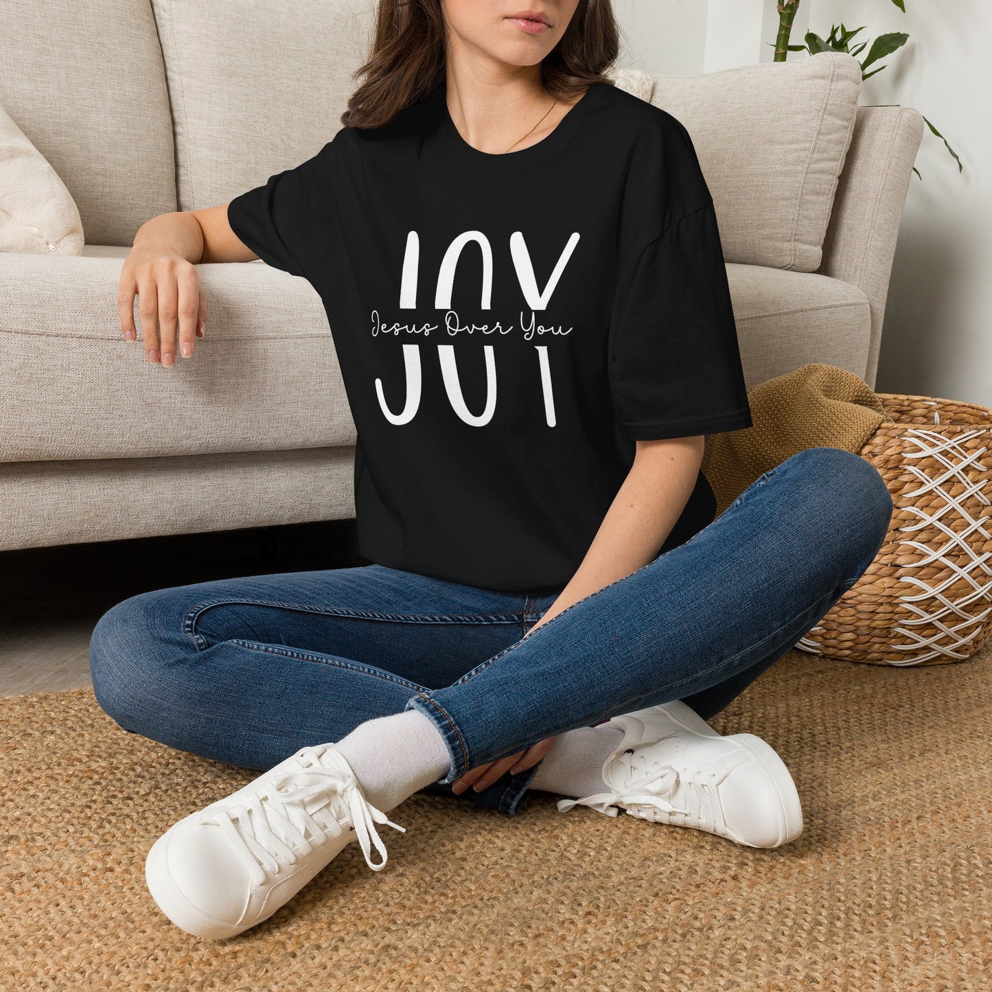 Black JOY Christian T-shirt featuring the hidden message Jesus Over You inspired by Nehemiah 8:10