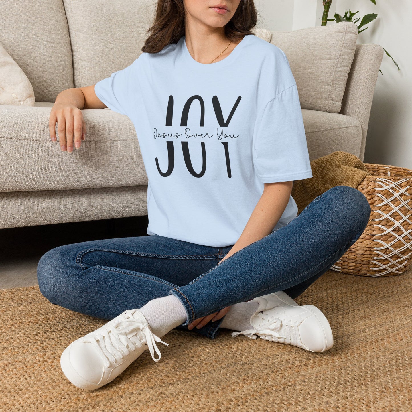 Light Blue JOY Christian T-shirt with minimalist Christian artwork inspired by Nehemiah 8:10