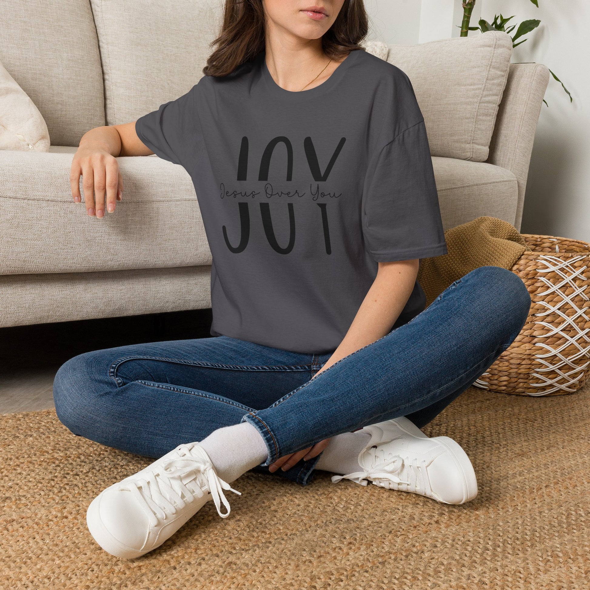 Charcoal JOY Christian T-shirt featuring the words Jesus Over You forming the word JOY.