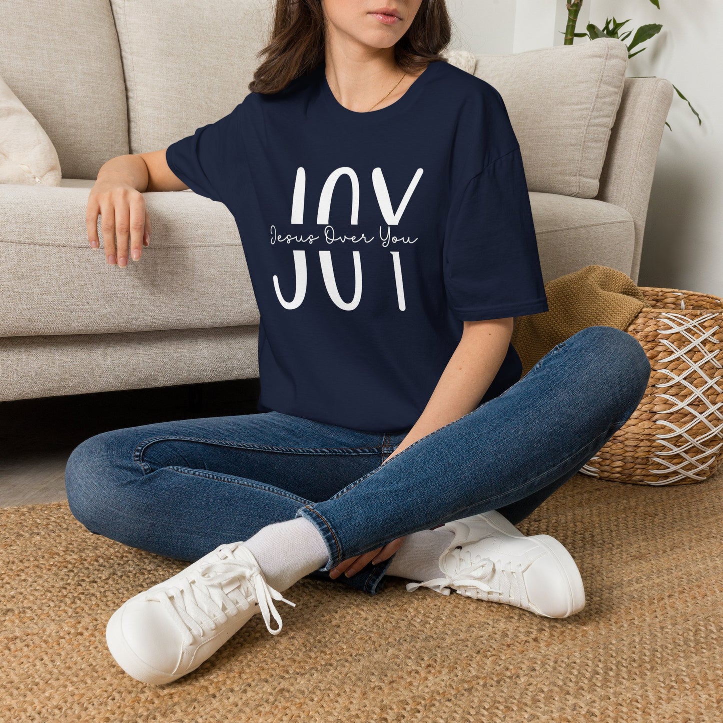 Navy JOY Christian T-shirt with modern Christian typography inspired by Nehemiah 8:10.