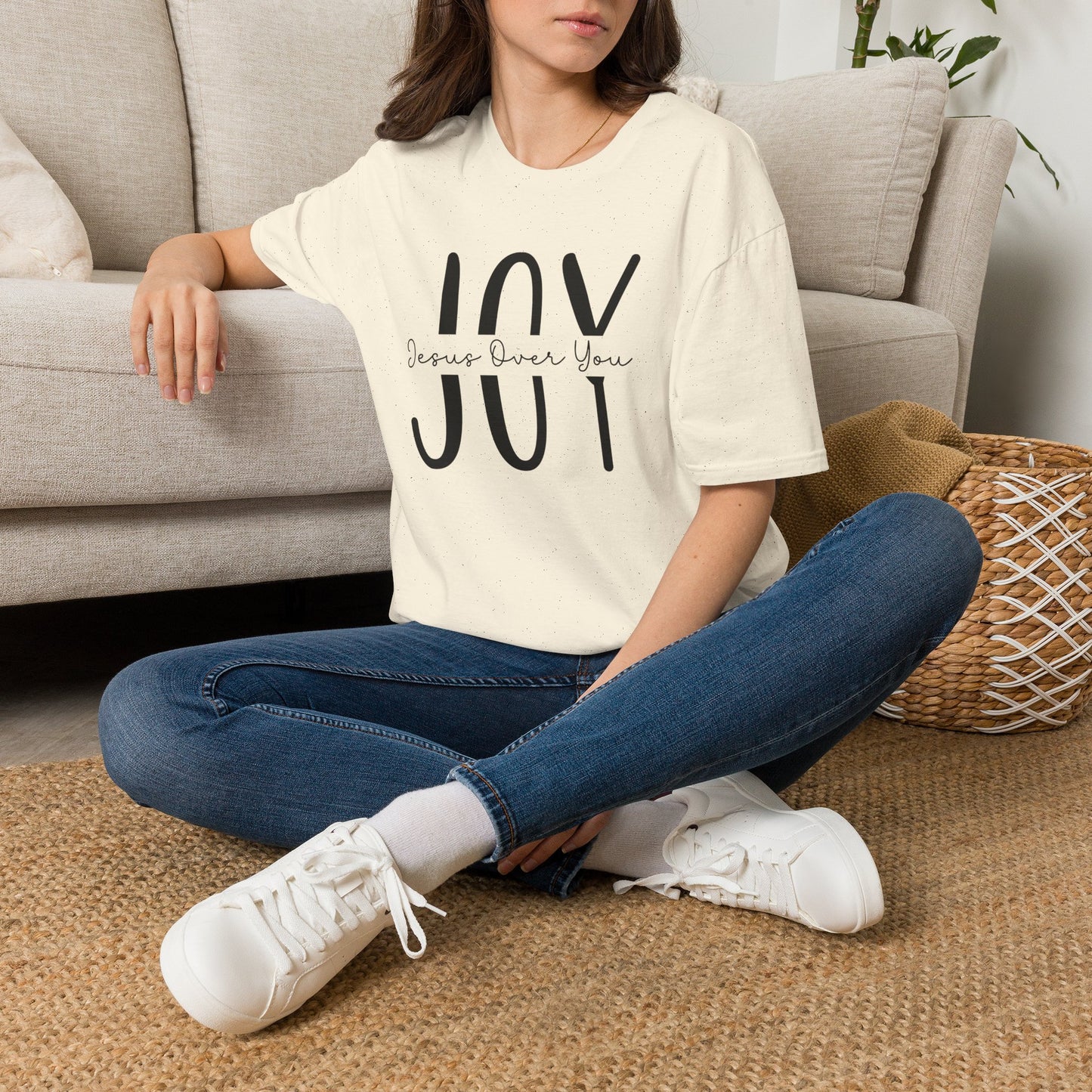Natural JOY Christian T-shirt with faith-inspired typography celebrating the joy of the Lord.