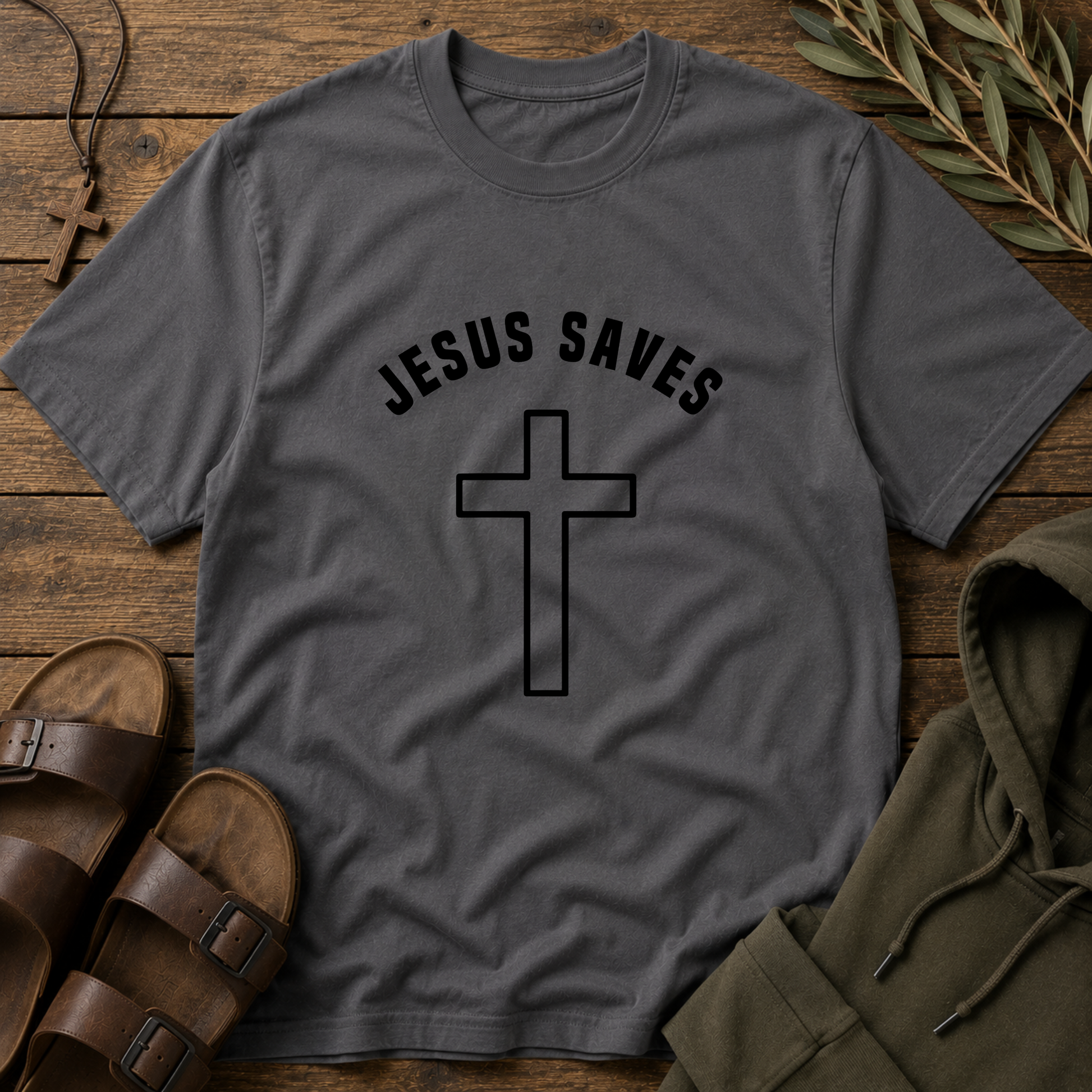 A dark gray crewneck t-shirt with 'JESUS SAVES' arched above a black cross graphic, styled in a flat lay on a rustic wooden background with sandals, a hoodie, and a cross necklace.