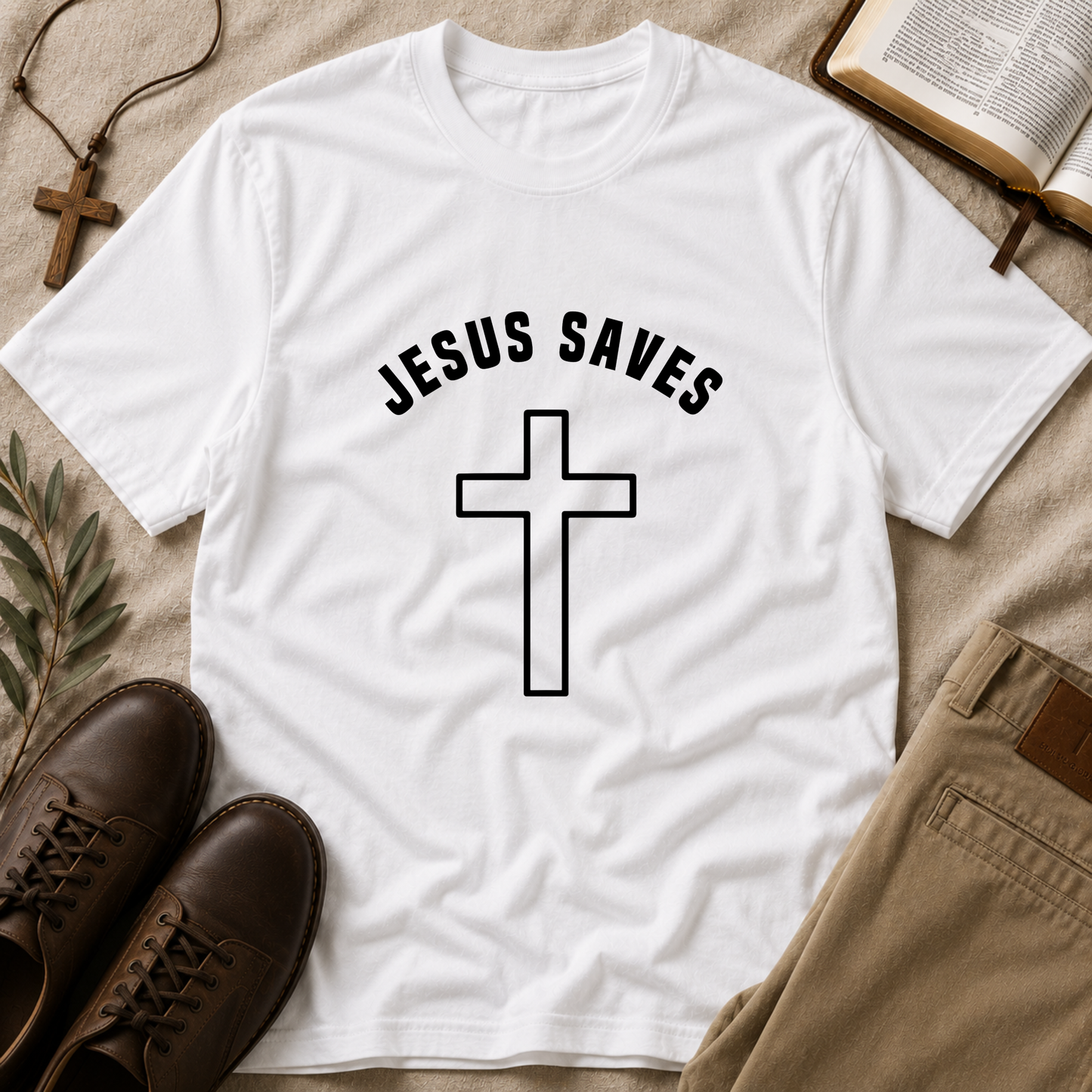 White t-shirt with 'REDEEMED' and cross design on a textured surface with shoes and a book.