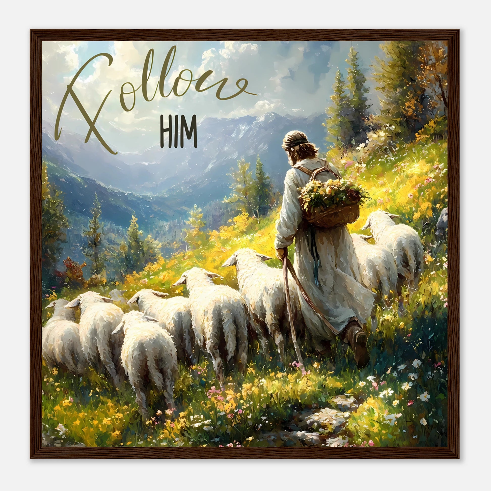 Framed artwork of a shepherd with sheep in a mountainous landscape, featuring the text 'Follow Him'.