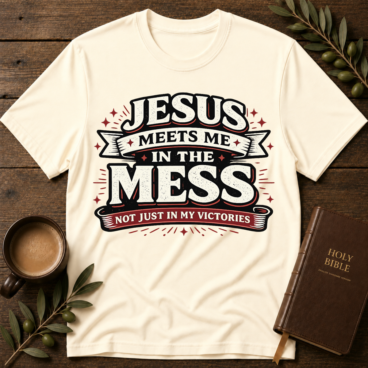 Jesus Meets Me in the Mess Christian T-Shirt | Faith Tee Breaking Bread Designs