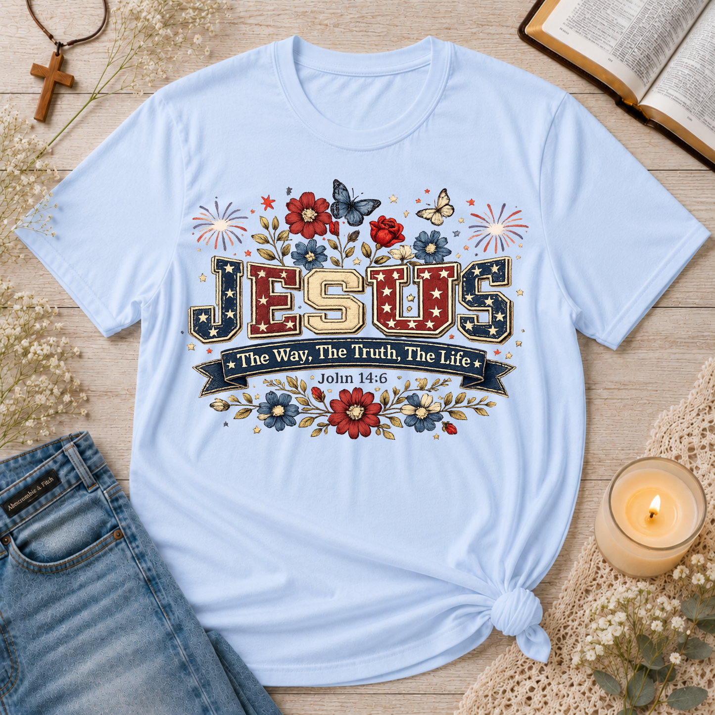 Jesus The Way The Truth The Life Patriotic Christian T-Shirt | John 14:6 Breaking Bread Designs