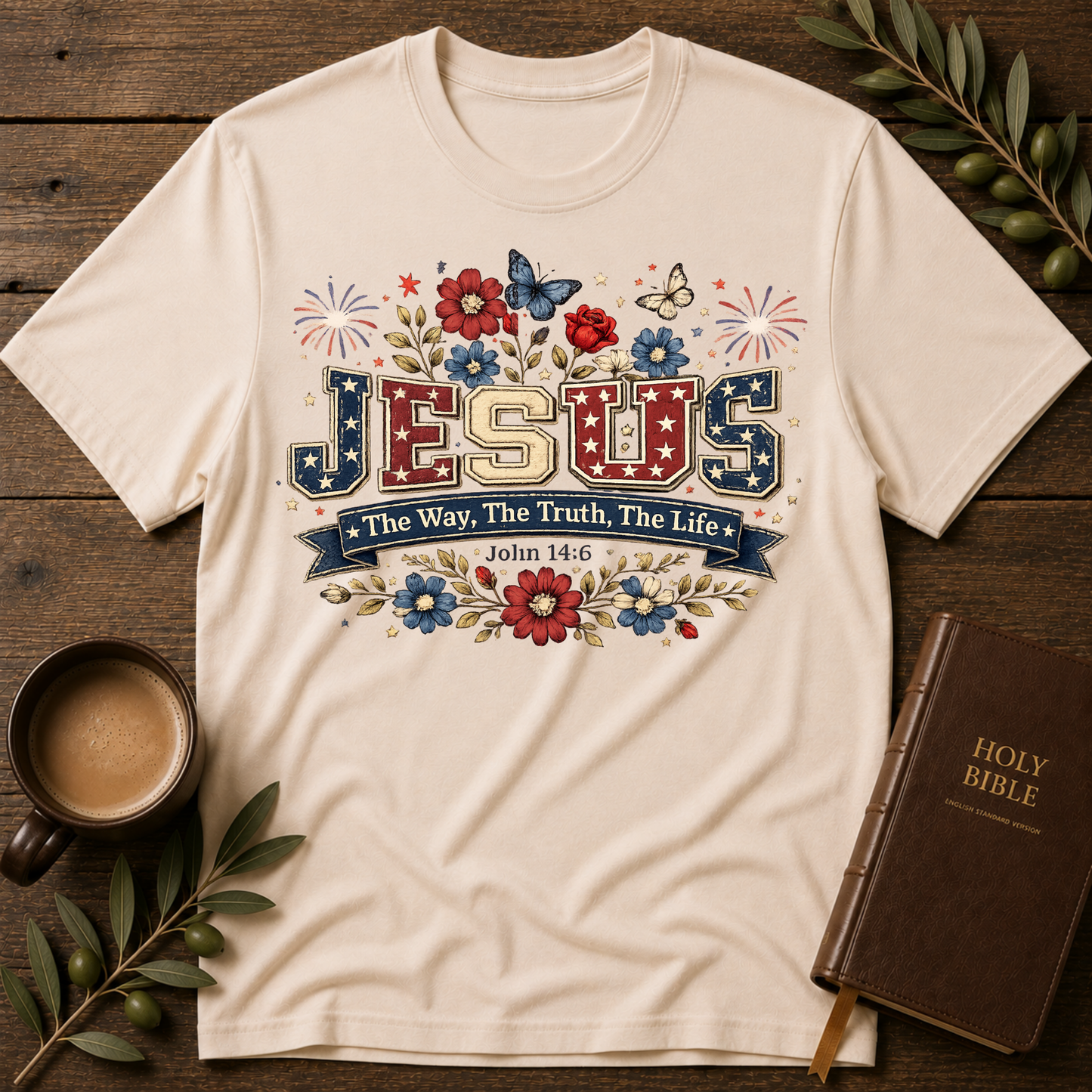 Jesus The Way The Truth The Life Patriotic Christian T-Shirt | John 14:6 Breaking Bread Designs