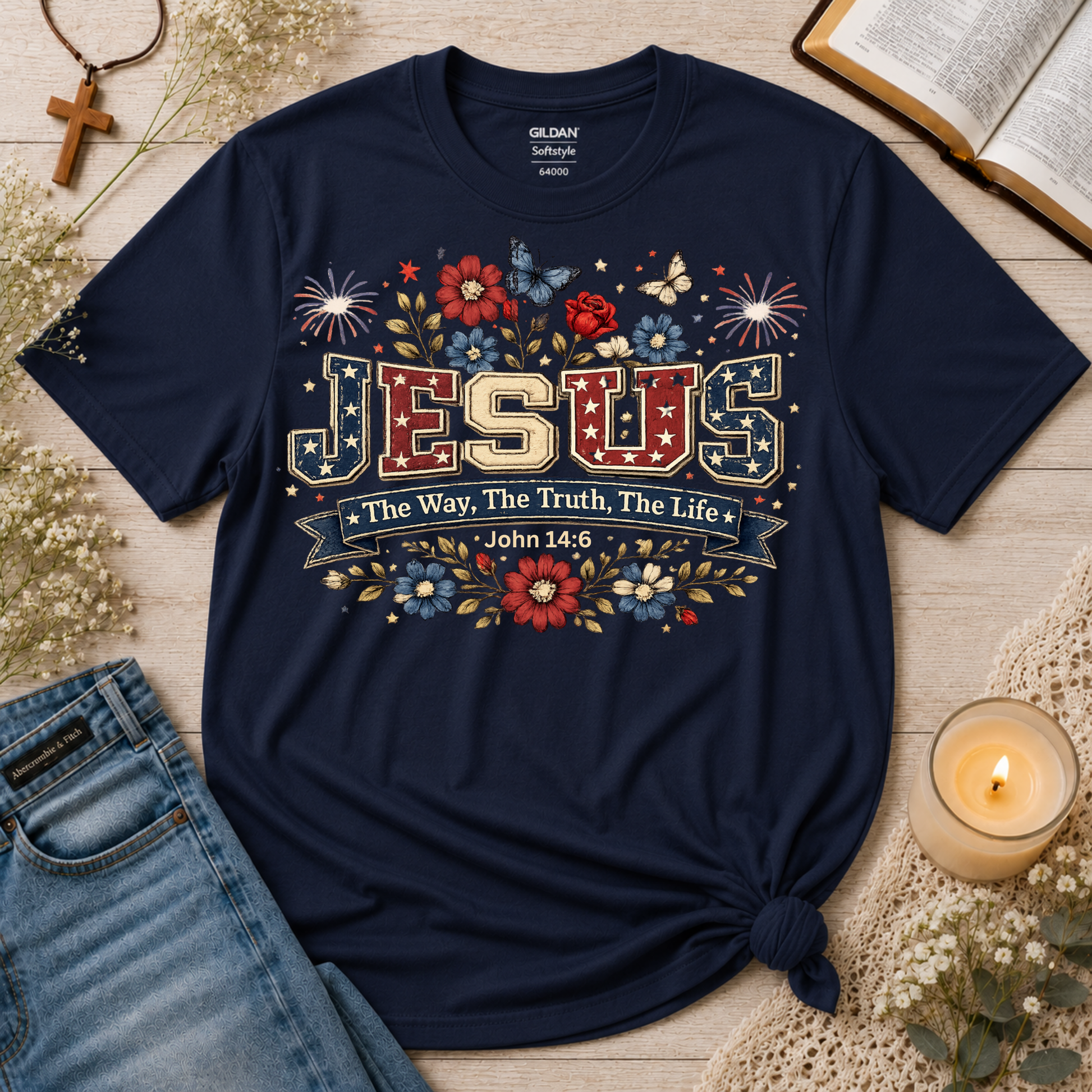 Jesus The Way The Truth The Life Patriotic Christian T-Shirt | John 14:6 Breaking Bread Designs