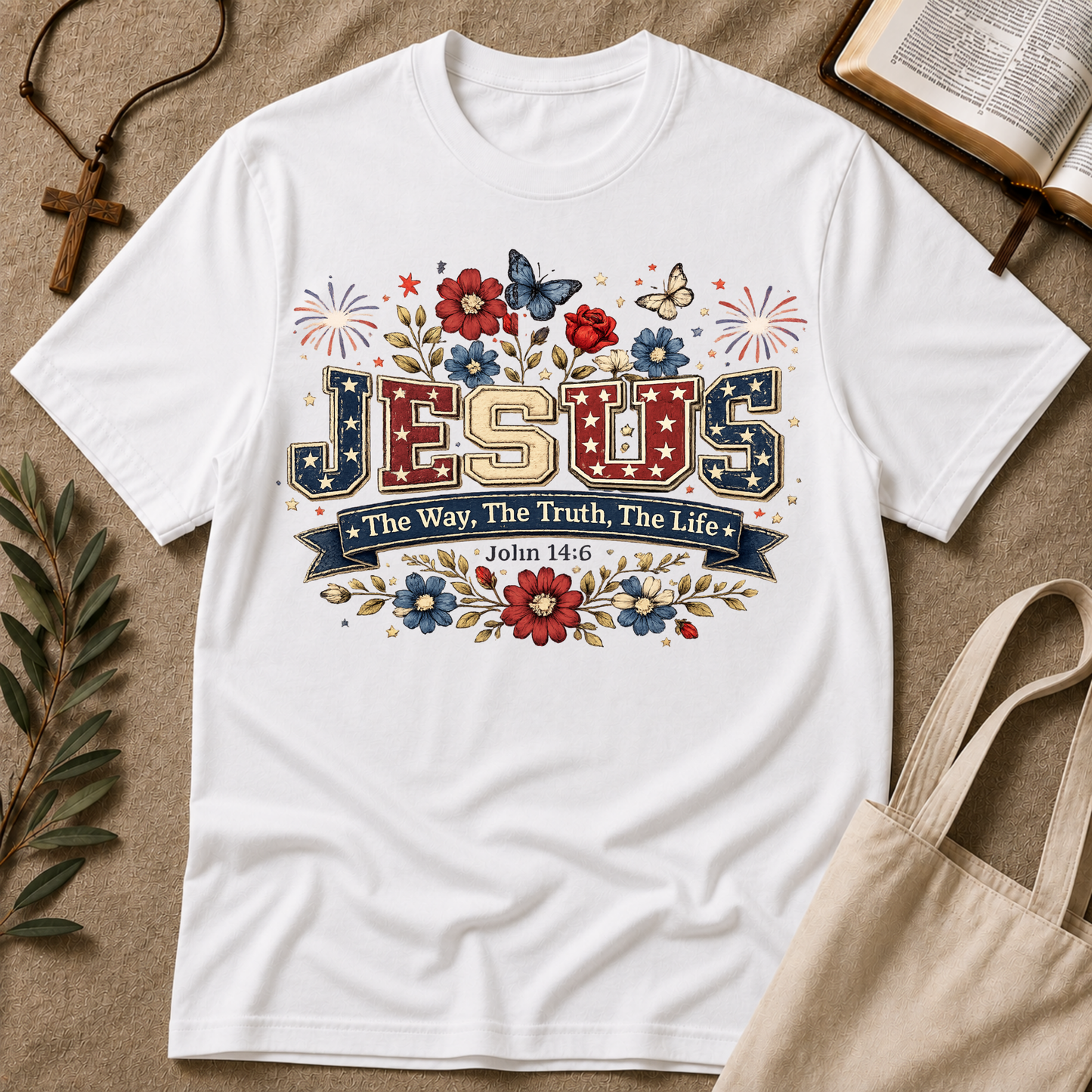 Jesus The Way The Truth The Life Patriotic Christian T-Shirt | John 14:6 Breaking Bread Designs