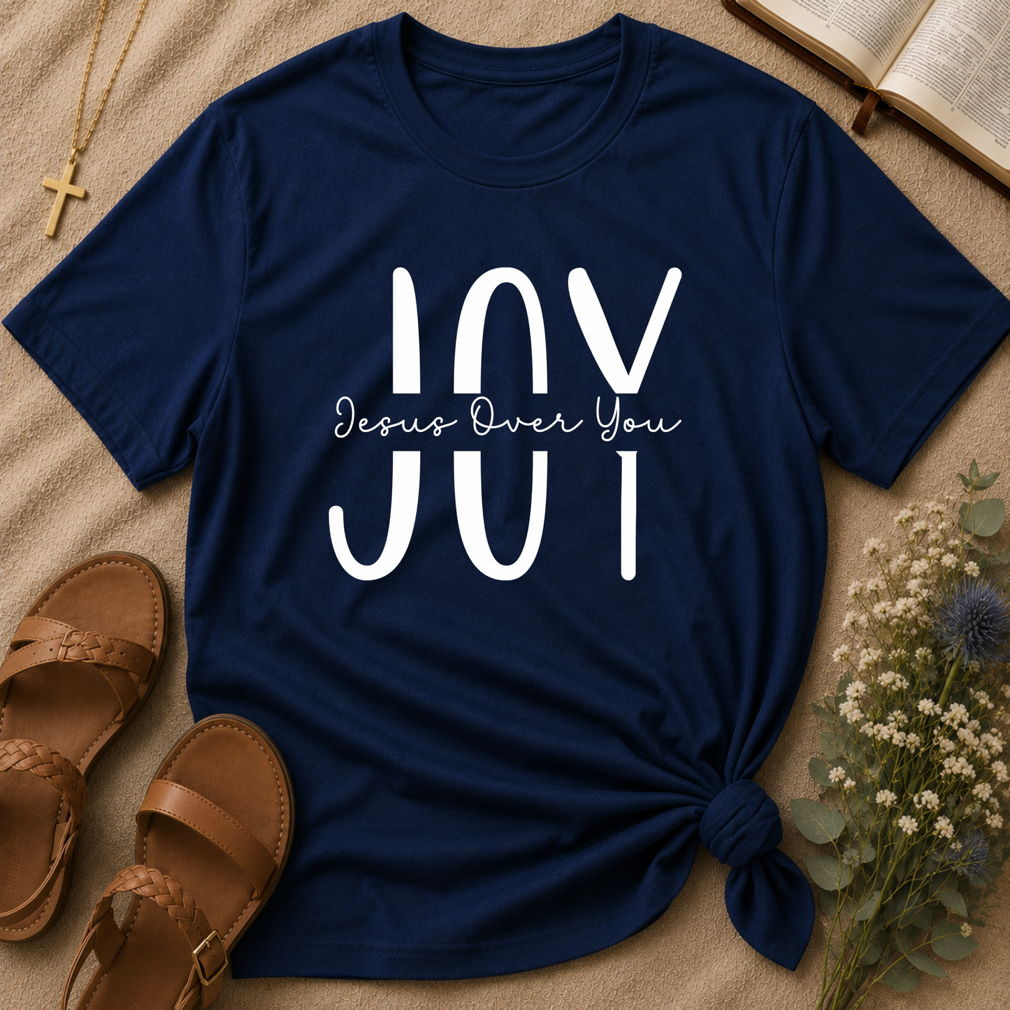 Navy JOY Christian T-shirt with modern Christian typography inspired by Nehemiah 8:10