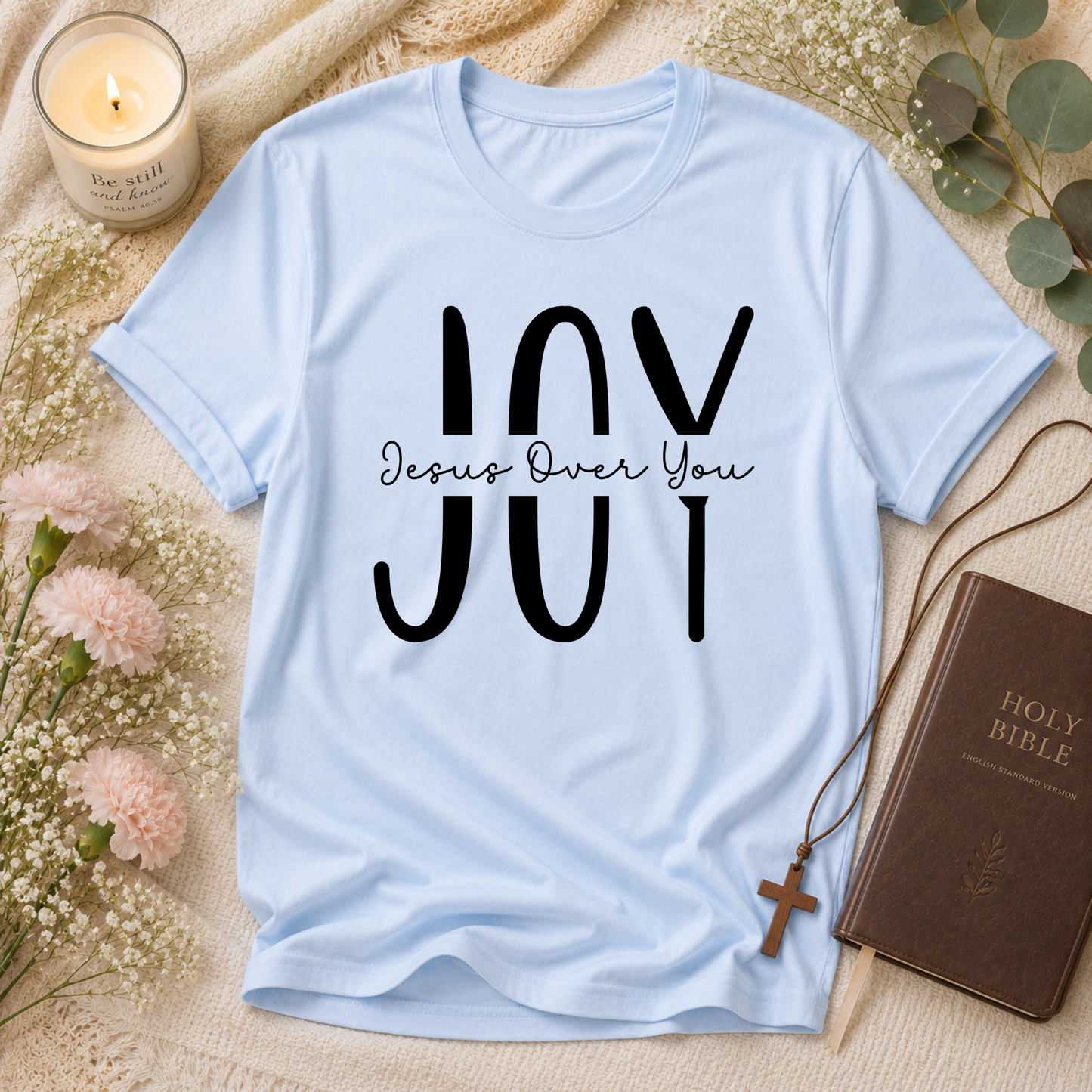 Light Blue JOY Christian T-shirt with minimalist Christian artwork inspired by Nehemiah 8:10.