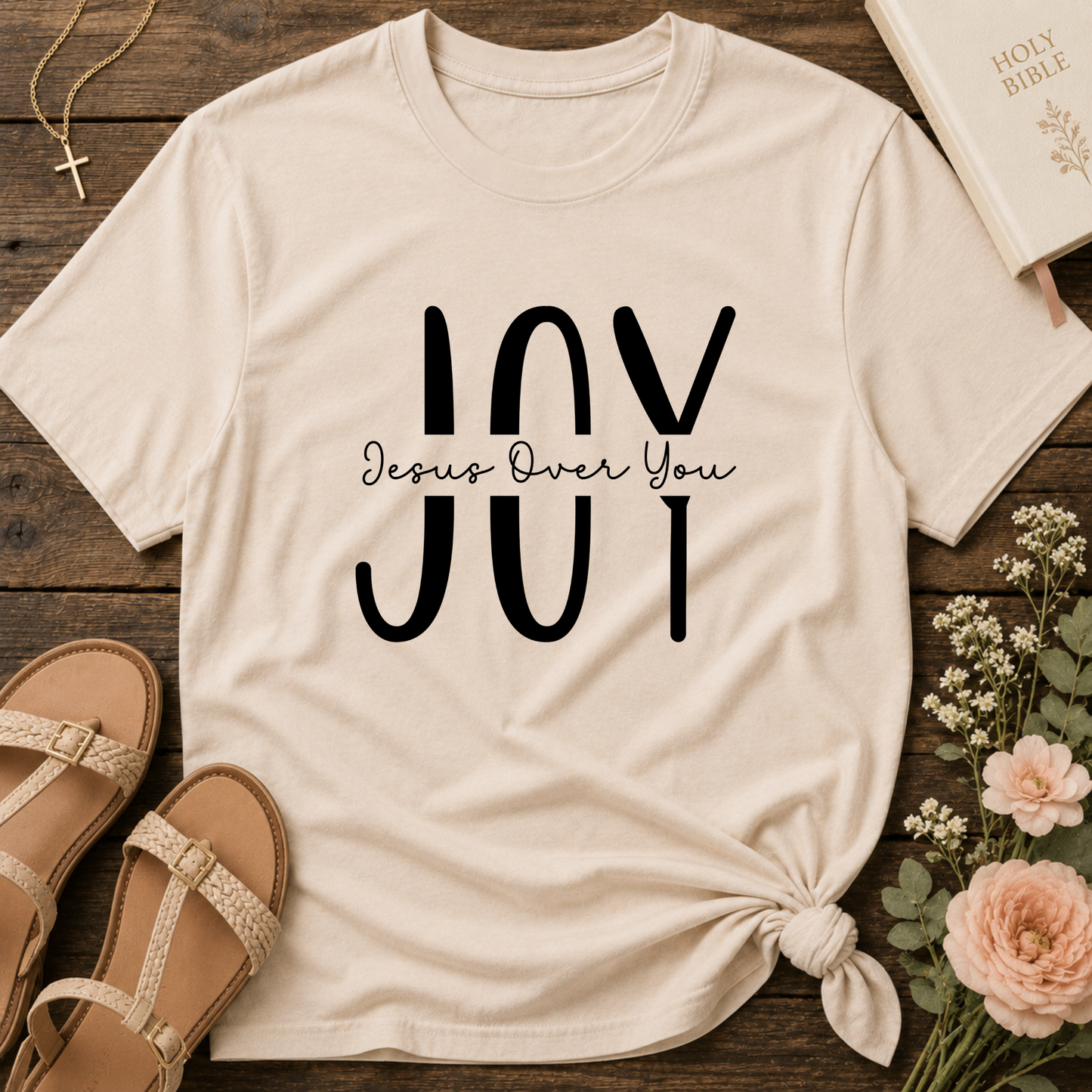Natural JOY Christian T-shirt with faith-inspired typography celebrating the joy of the Lord.