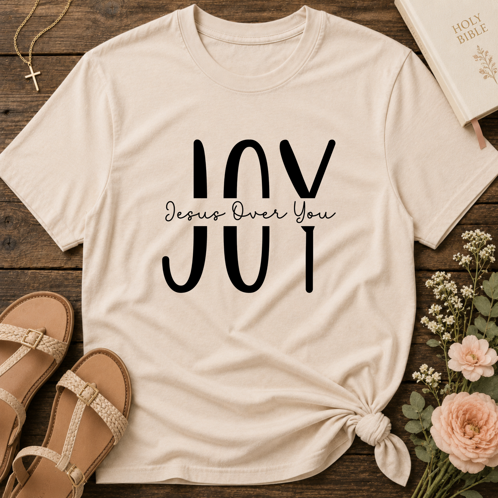 Natural JOY Christian T-shirt with faith-inspired typography celebrating the joy of the Lord.