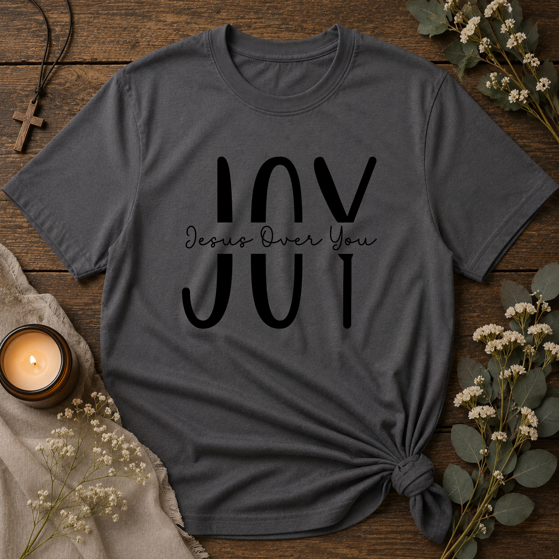 Charcoal JOY Christian T-shirt featuring the words Jesus Over You forming the word JOY