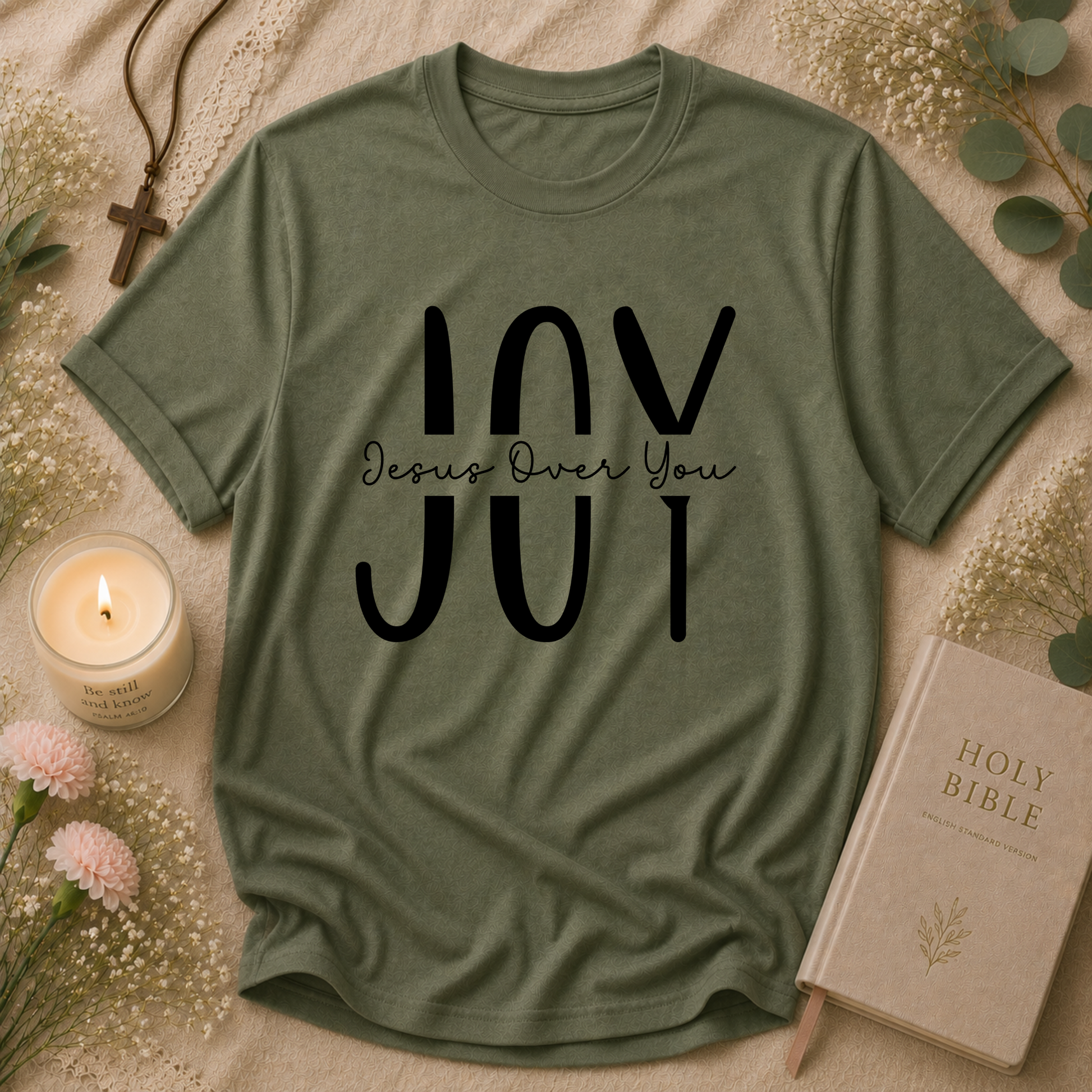 Military Green JOY Christian T-shirt featuring the hidden message Jesus Over You
