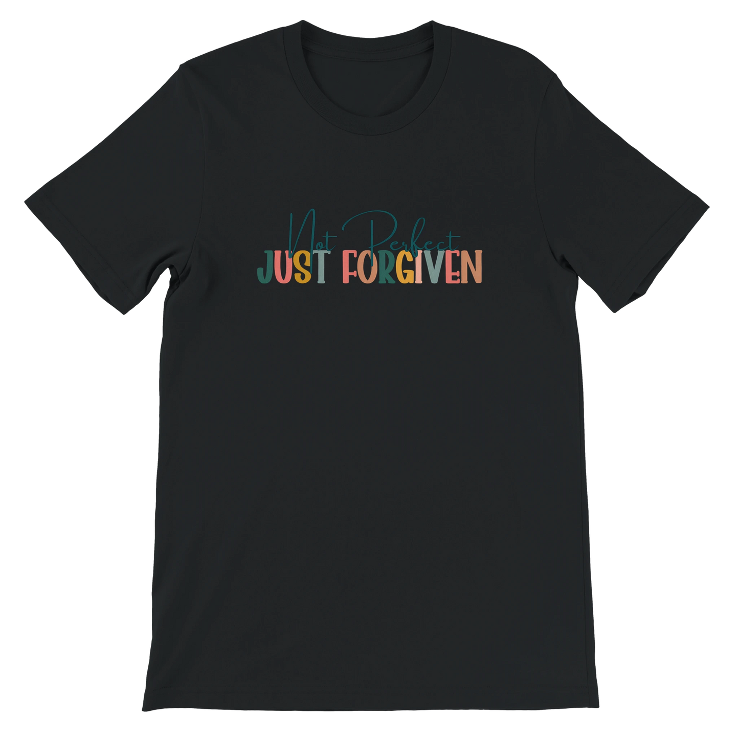Black t-shirt with colorful text 'My Past is Just Forgiven' on a white background