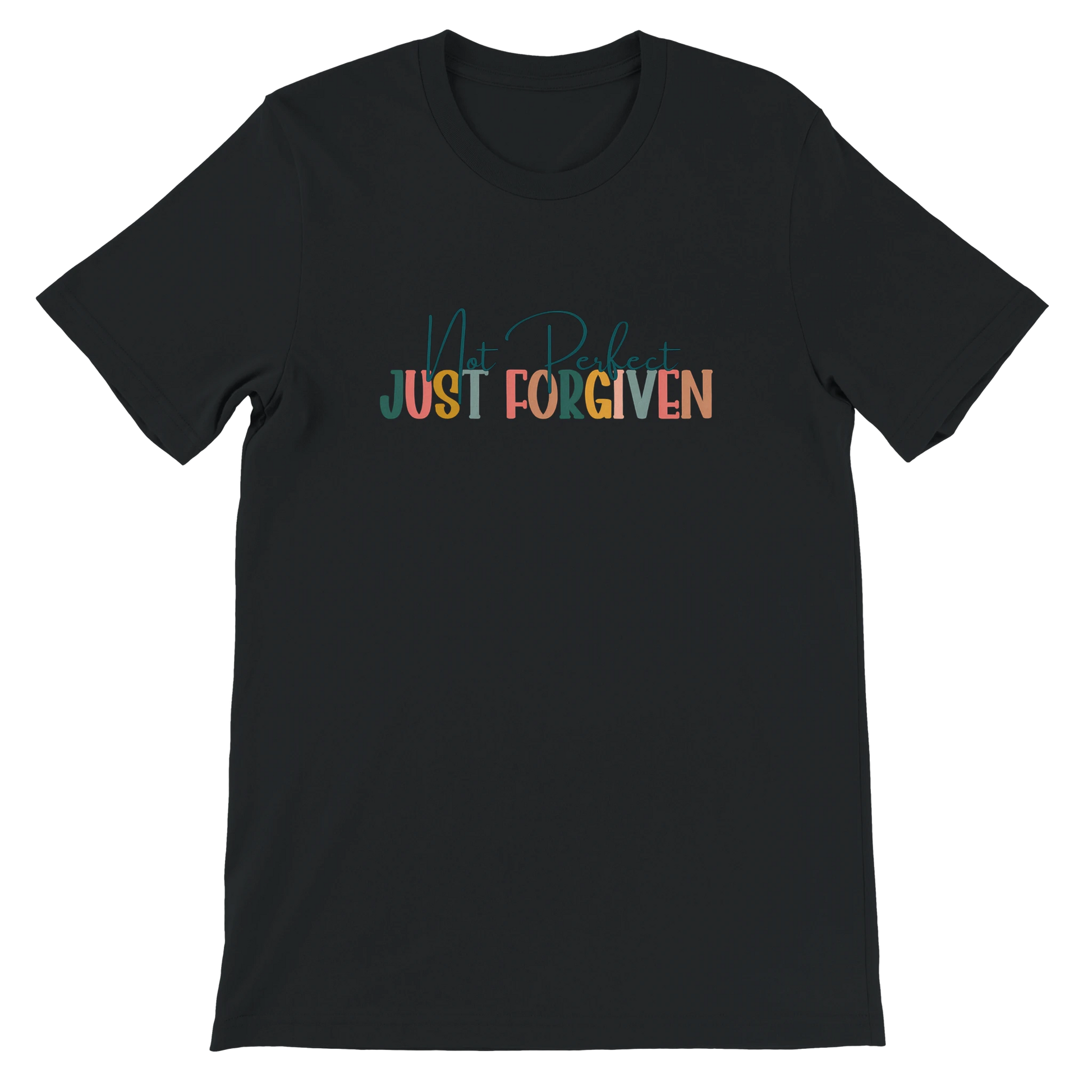 Black t-shirt with colorful text 'My Past is Just Forgiven' on a white background