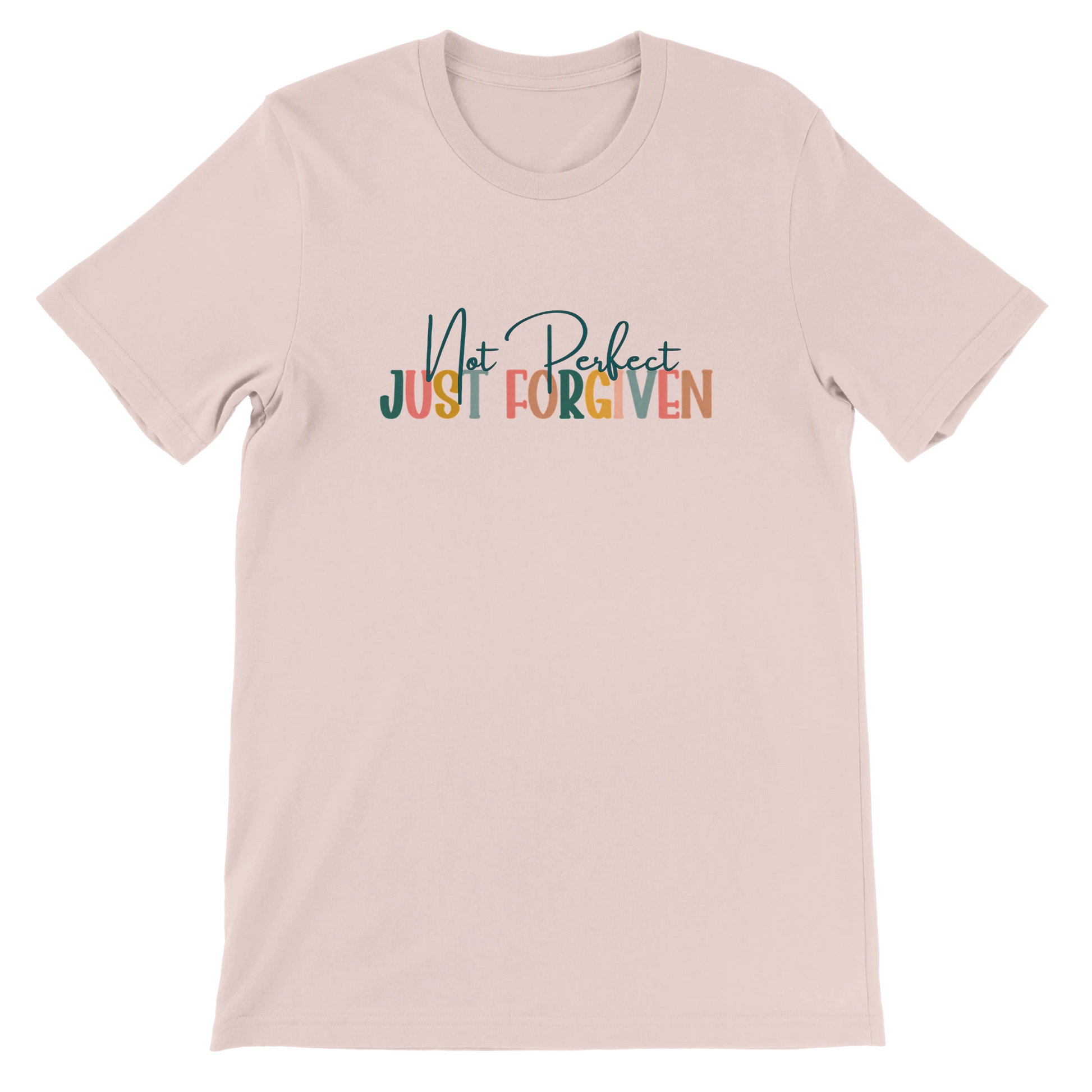 Light pink t-shirt with 'Not Perfect Just Forgiven' text in multicolor on a white background