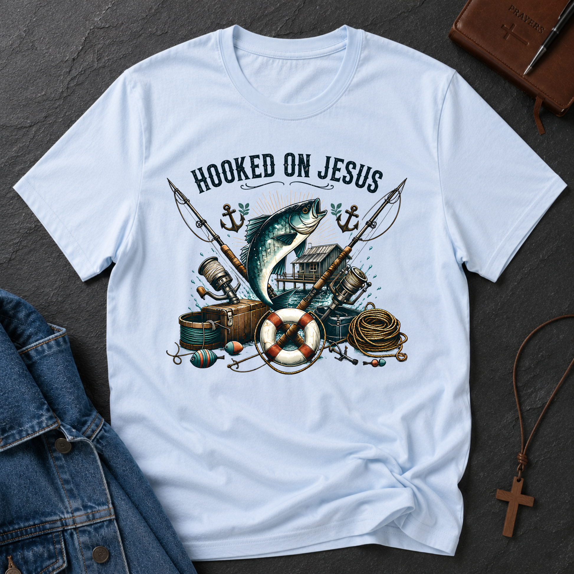 Hooked on Jesus Christian Fishing T-Shirt | Faith-Based Fisherman Graphic Tee | Christian Angler Gift Breaking Bread Designs