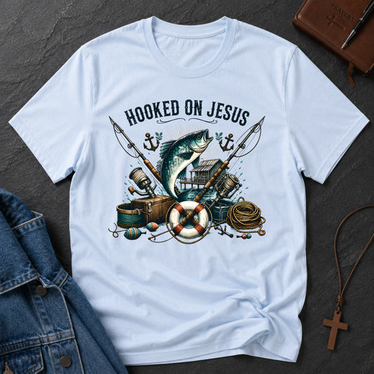 Hooked on Jesus Christian Fishing T-Shirt | Faith-Based Fisherman Graphic Tee | Christian Angler Gift Breaking Bread Designs