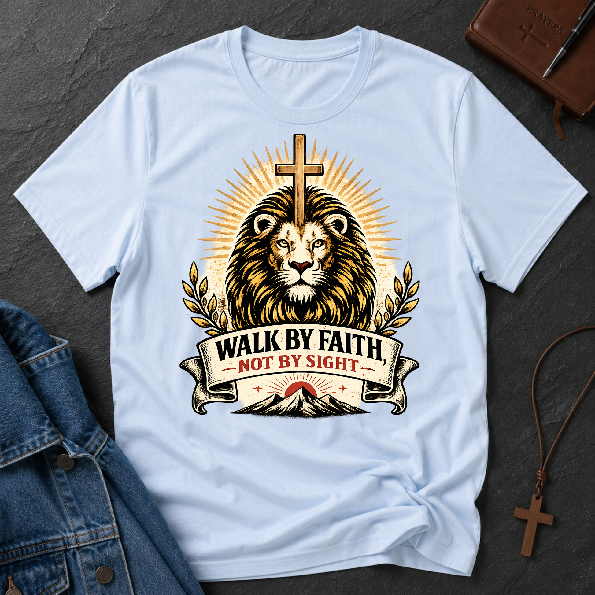 Walk By Faith Not By Sight Christian T-Shirt | Lion of Judah Faith Graphic Tee | 2 Corinthians 5:7 Christian Shirt Breaking Bread Designs