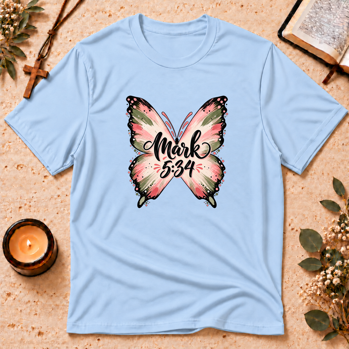 Mark 5:34 Christian Butterfly Healing T-Shirt Breaking Bread Designs