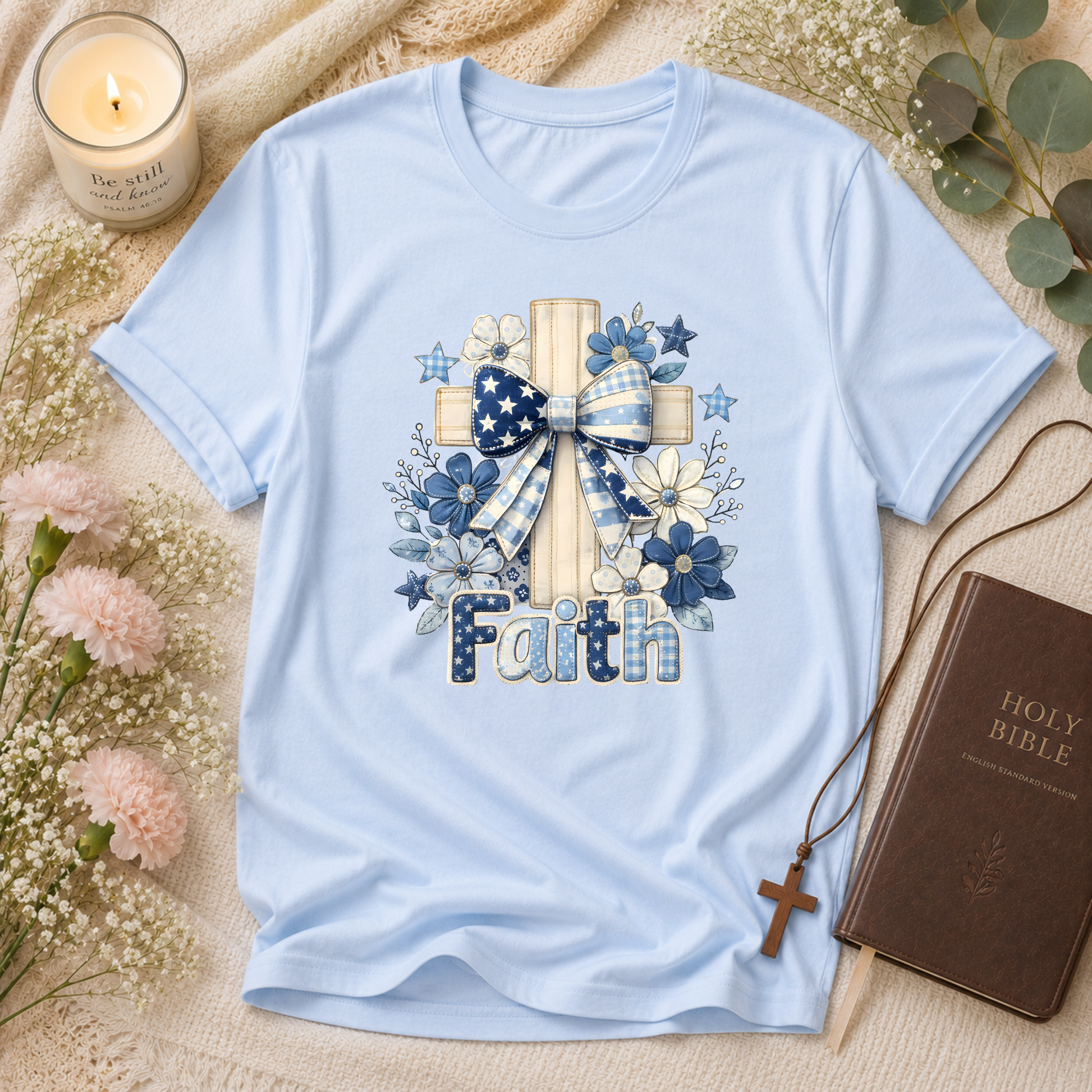 Faith Christian T-Shirt | Cute Embroidered Look Cross & Floral Graphic Tee | Patriotic Christian Coquette Shirt Breaking Bread Designs