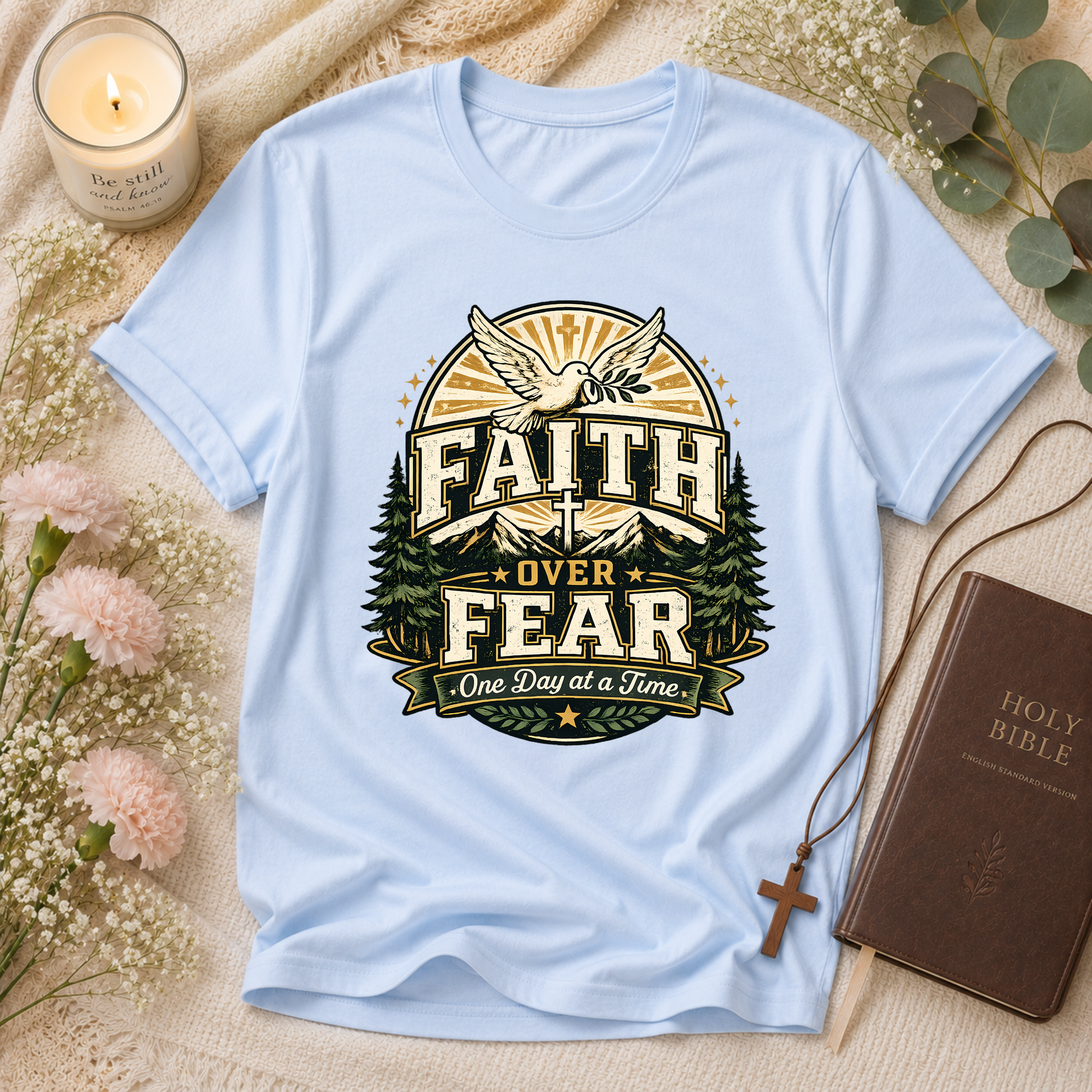 Faith Over Fear Christian T-Shirt | One Day at a Time Inspirational Faith Graphic Tee | Vintage Christian Apparel Breaking Bread Designs