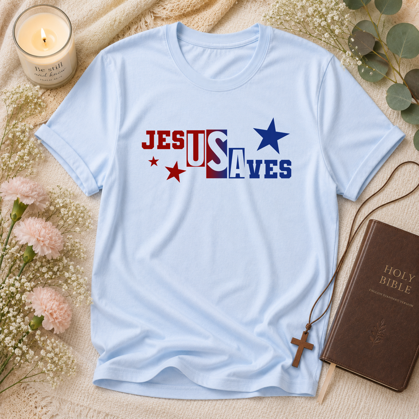 Jesus Saves Christian T-Shirt | Bold Patriotic Faith Graphic Tee | Inspirational Christian Apparel Breaking Bread Designs