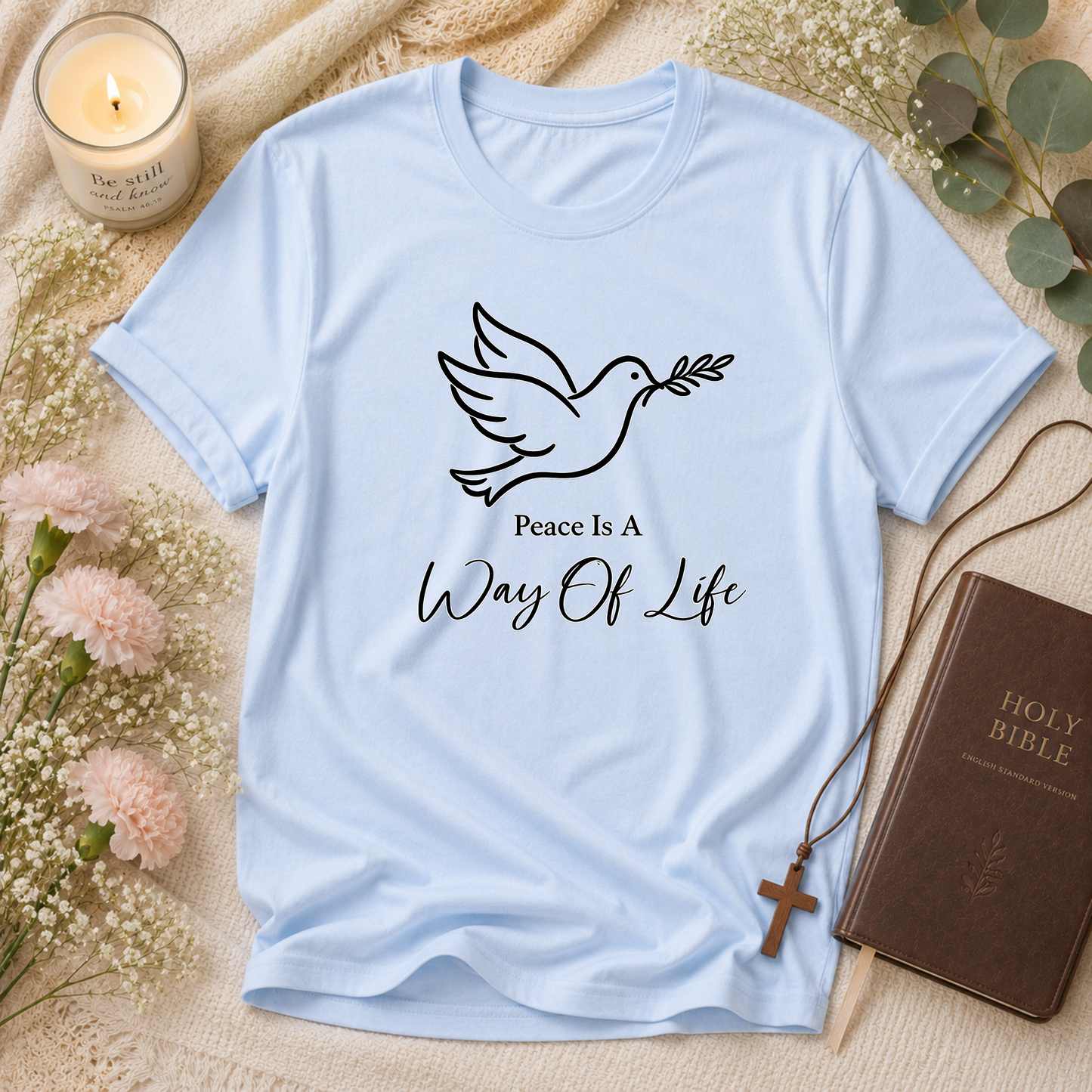 Peace Is a Way of Life Christian T-Shirt | Dove of Peace Faith Graphic Tee | Inspirational Christian Apparel Breaking Bread Designs