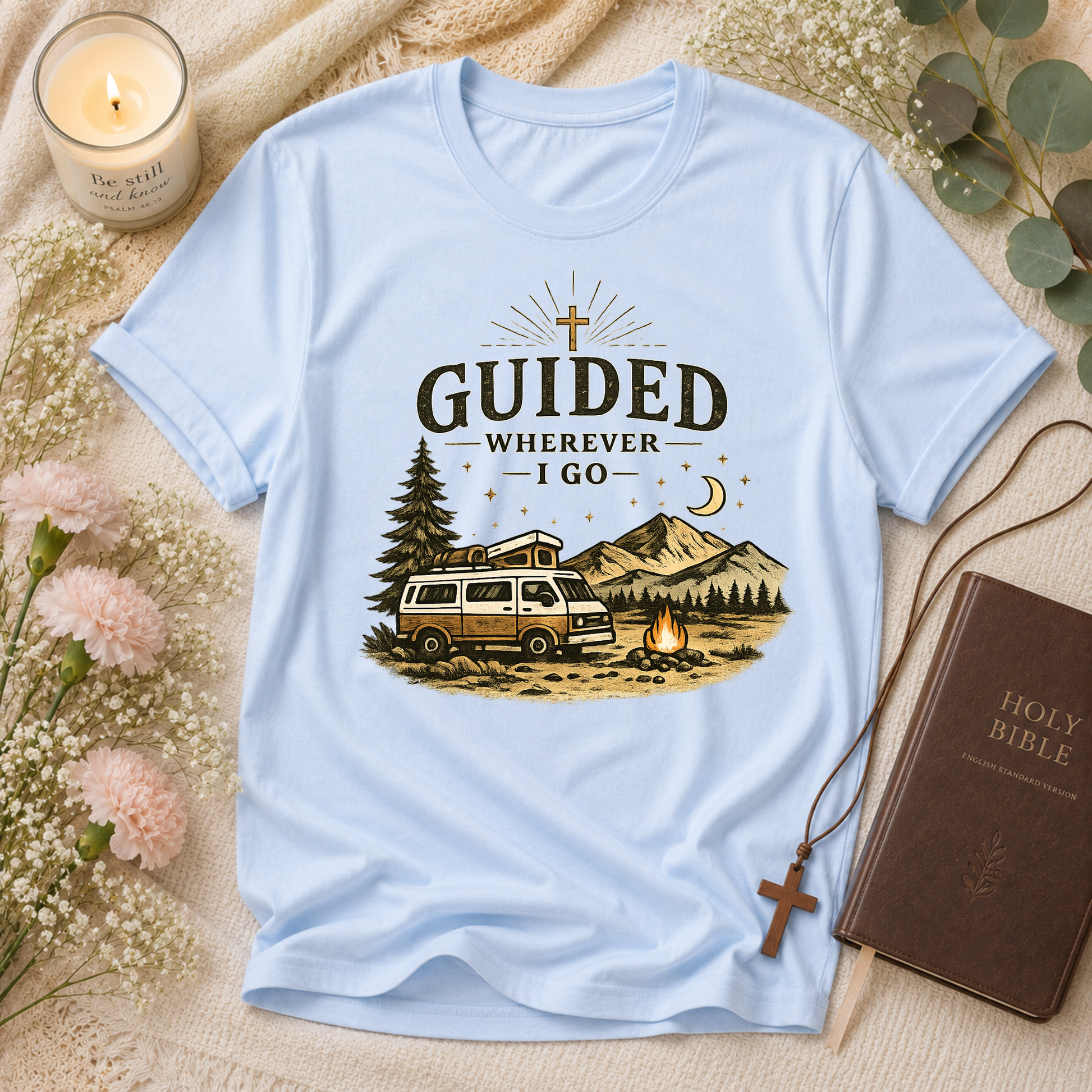 Guided Wherever I Go Christian Camping T-Shirt | Faith & Adventure Graphic Tee | Christian Camper & RV Shirt Breaking Bread Designs