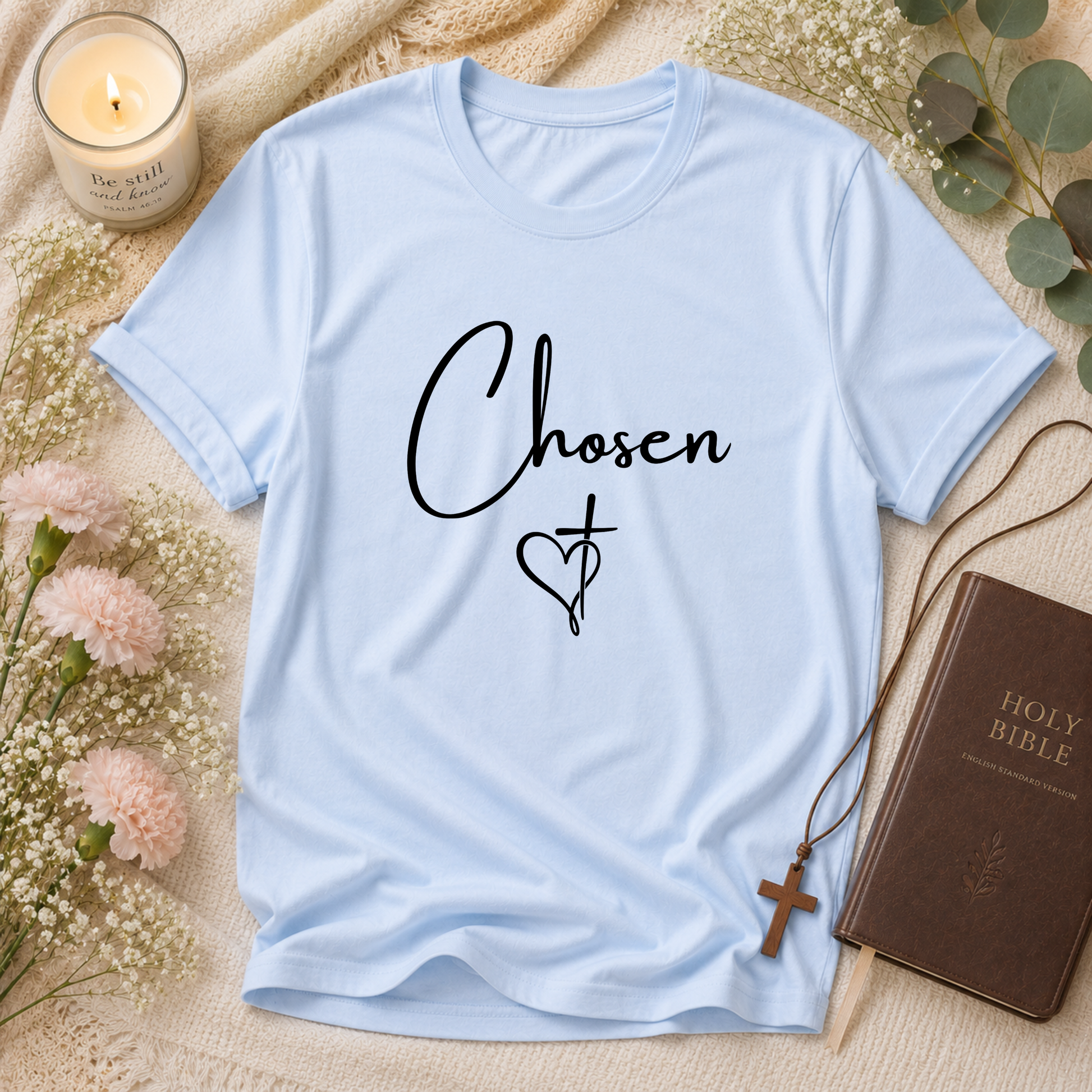 Chosen Christian T-Shirt | Minimalist Faith Script Graphic Tee | Cross Heart Jesus Christian Shirt Breaking Bread Designs