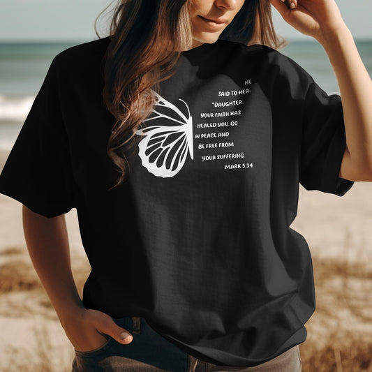Minimalist Christian Mark 5:34 Butterfly Text Design T-Shirt – Unisex Fit - Breaking Bread Designs