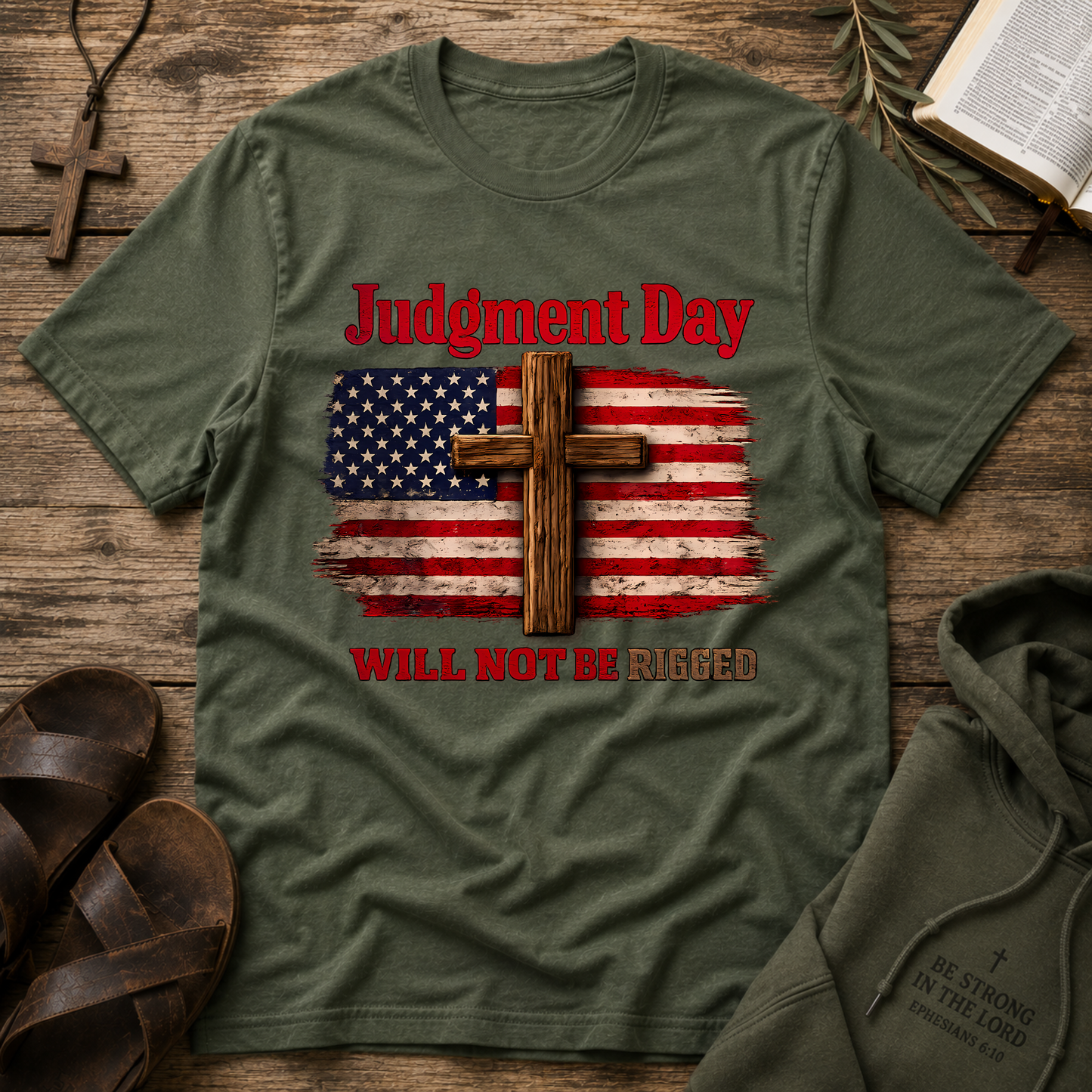 Judgment Day Will Not Be Rigged T-Shirt | Christian Patriotic Cross USA Flag Faith Graphic Tee Breaking Bread Designs