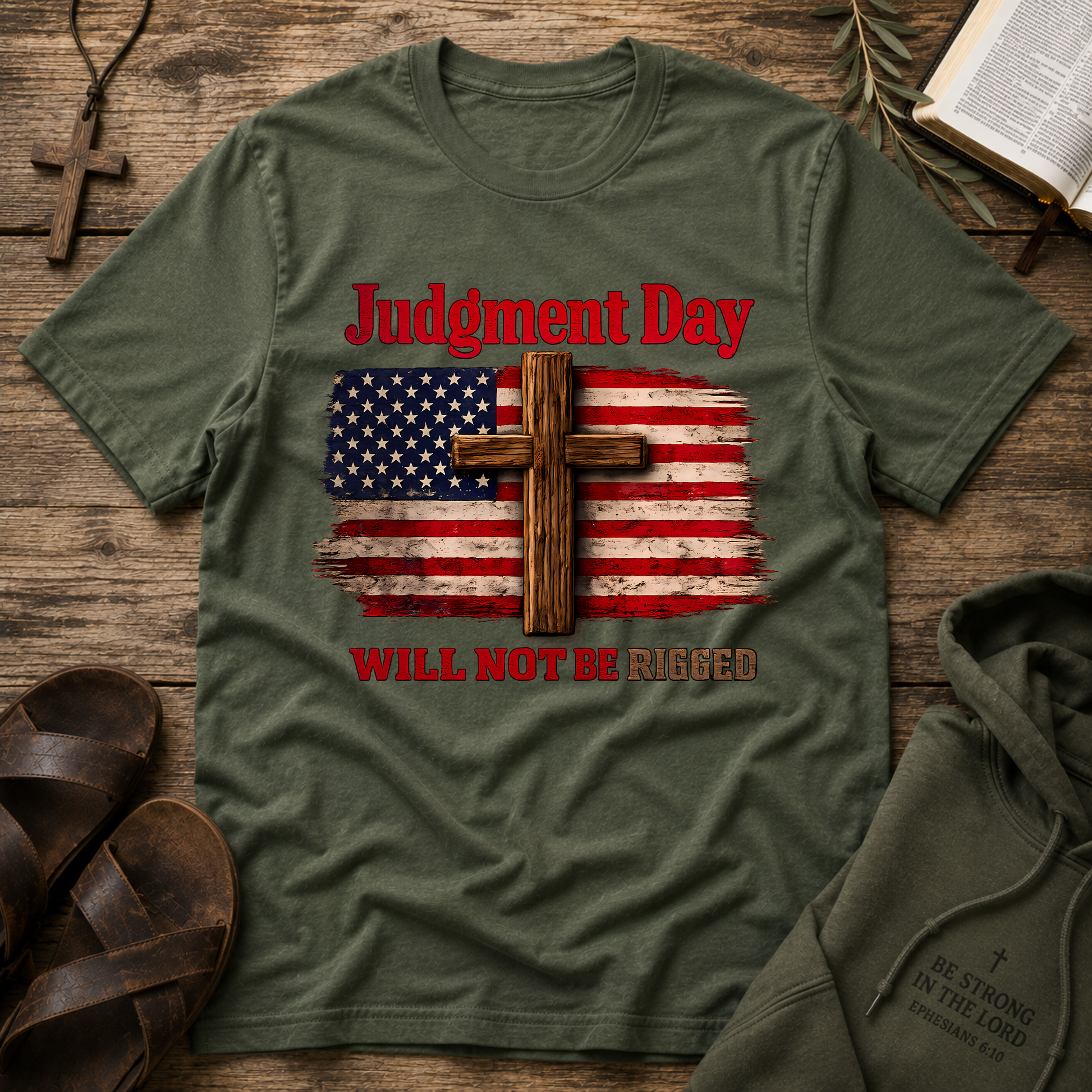 Judgment Day Will Not Be Rigged T-Shirt | Christian Patriotic Cross USA Flag Faith Graphic Tee Breaking Bread Designs