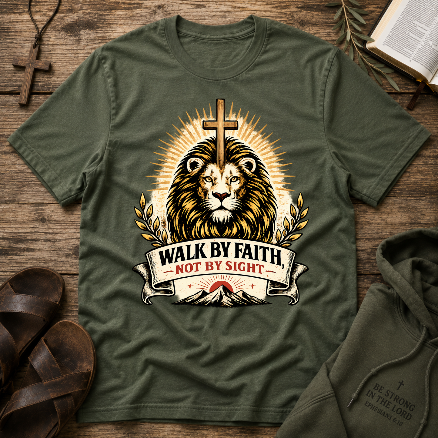 Walk By Faith Not By Sight Christian T-Shirt | Lion of Judah Faith Graphic Tee | 2 Corinthians 5:7 Christian Shirt Breaking Bread Designs