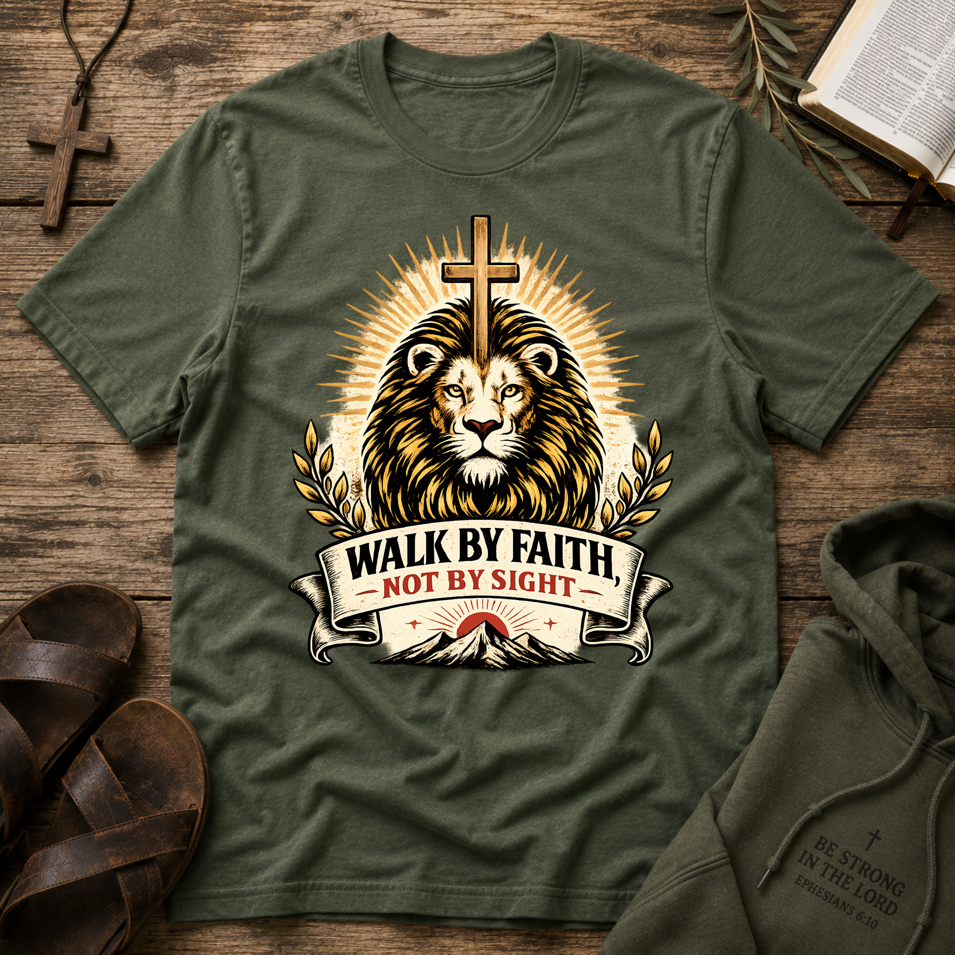 Walk By Faith Not By Sight Christian T-Shirt | Lion of Judah Faith Graphic Tee | 2 Corinthians 5:7 Christian Shirt Breaking Bread Designs