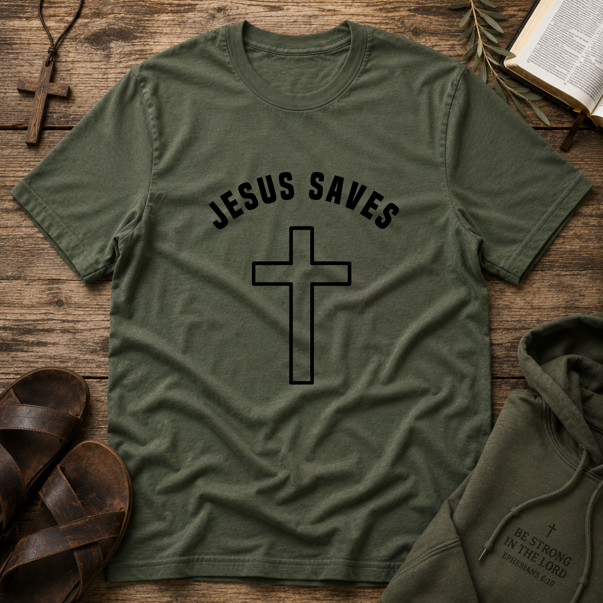 Jesus Saves Christian T-Shirt | Minimalist Cross Faith Graphic Tee | Inspirational Christian Apparel Breaking Bread Designs