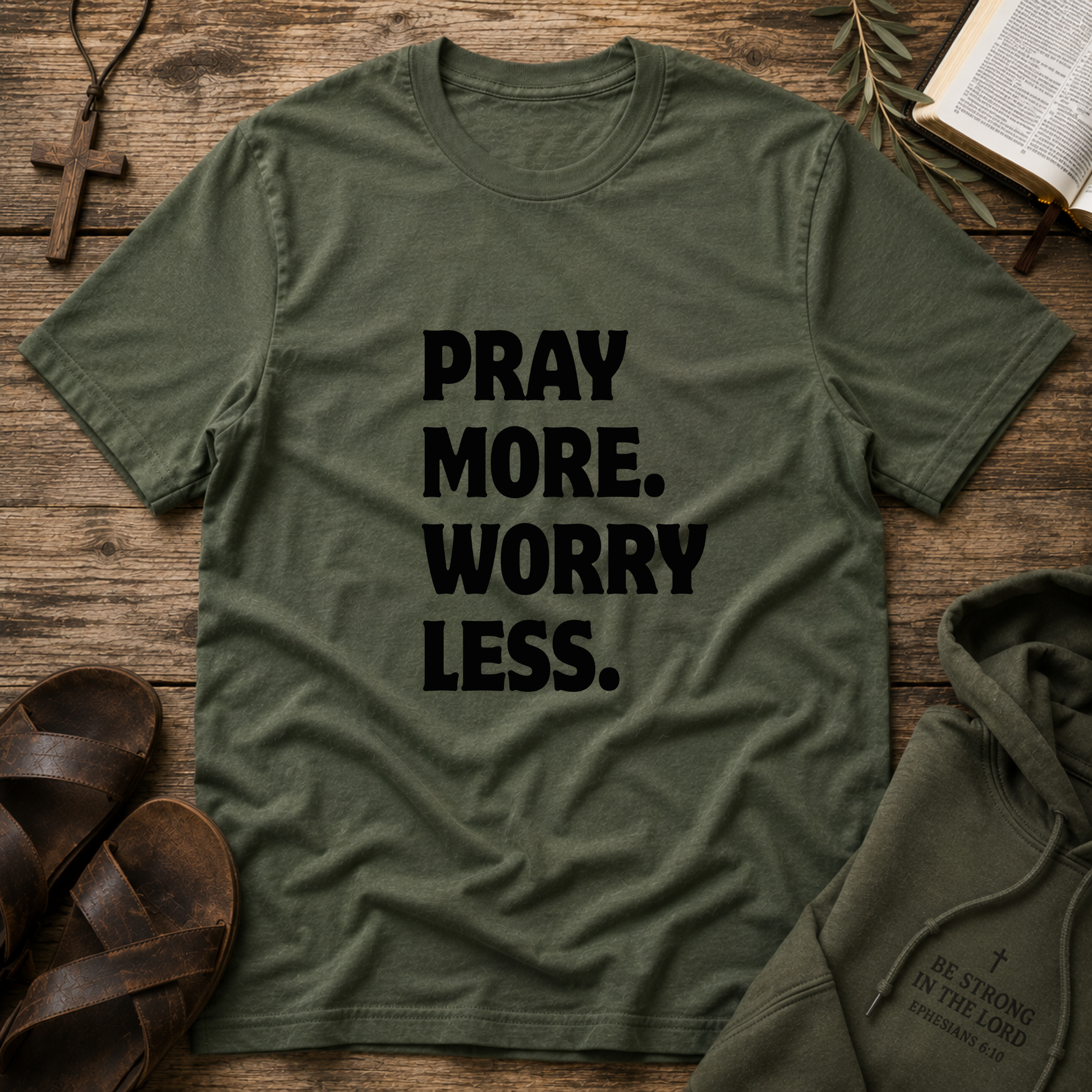 Pray More Worry Less Christian T-Shirt | Inspirational Faith Graphic Tee | Trust God Christian Apparel Breaking Bread Designs