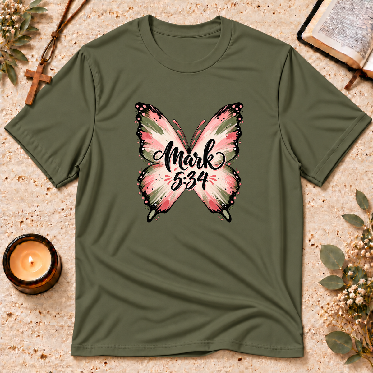 Mark 5:34 Christian Butterfly Healing T-Shirt Breaking Bread Designs