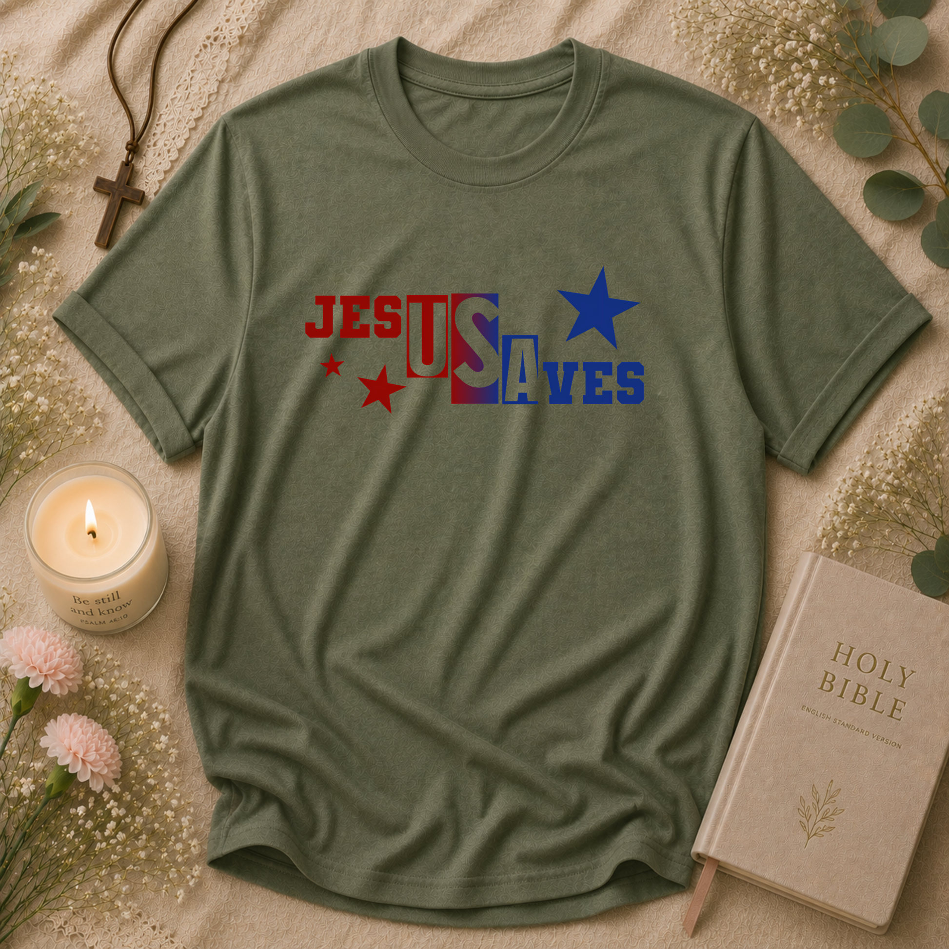 Jesus Saves Christian T-Shirt | Bold Patriotic Faith Graphic Tee | Inspirational Christian Apparel Breaking Bread Designs