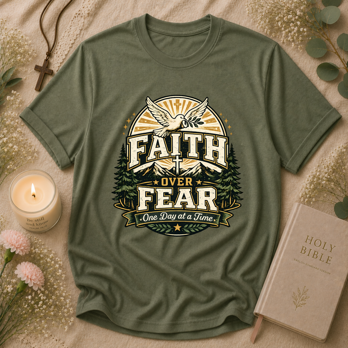Faith Over Fear Christian T-Shirt | One Day at a Time Inspirational Faith Graphic Tee | Vintage Christian Apparel Breaking Bread Designs