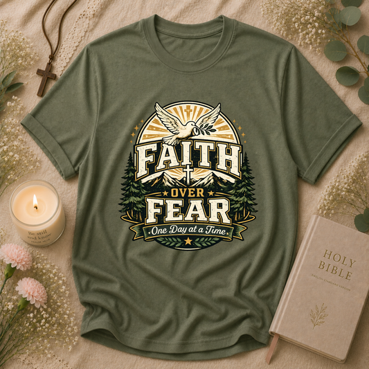 Faith Over Fear Christian T-Shirt | One Day at a Time Inspirational Faith Graphic Tee | Vintage Christian Apparel Breaking Bread Designs