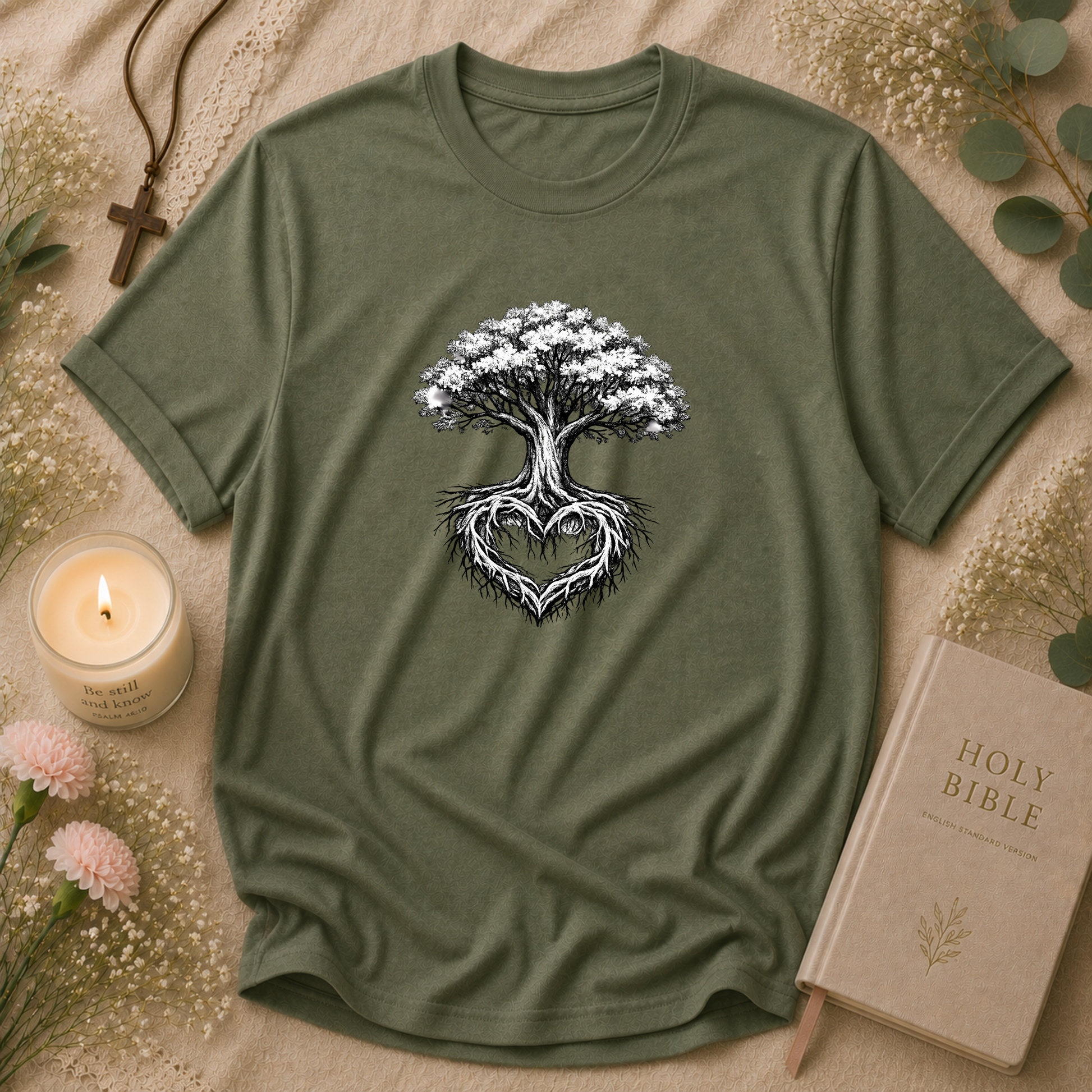 Tree of Life Christian T-Shirt | Heart Root Faith Graphic Tee | Biblical Tree of Life Inspirational Christian Shirt Breaking Bread Designs