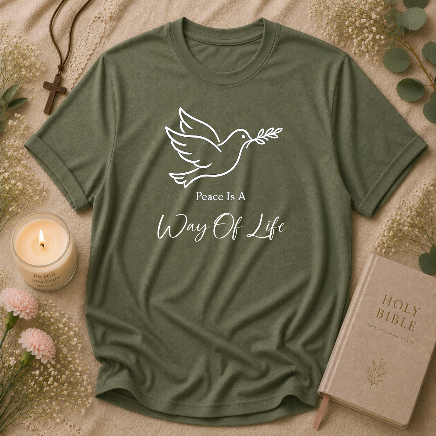 Peace Is a Way of Life Christian T-Shirt | Dove of Peace Faith Graphic Tee | Inspirational Christian Apparel Breaking Bread Designs